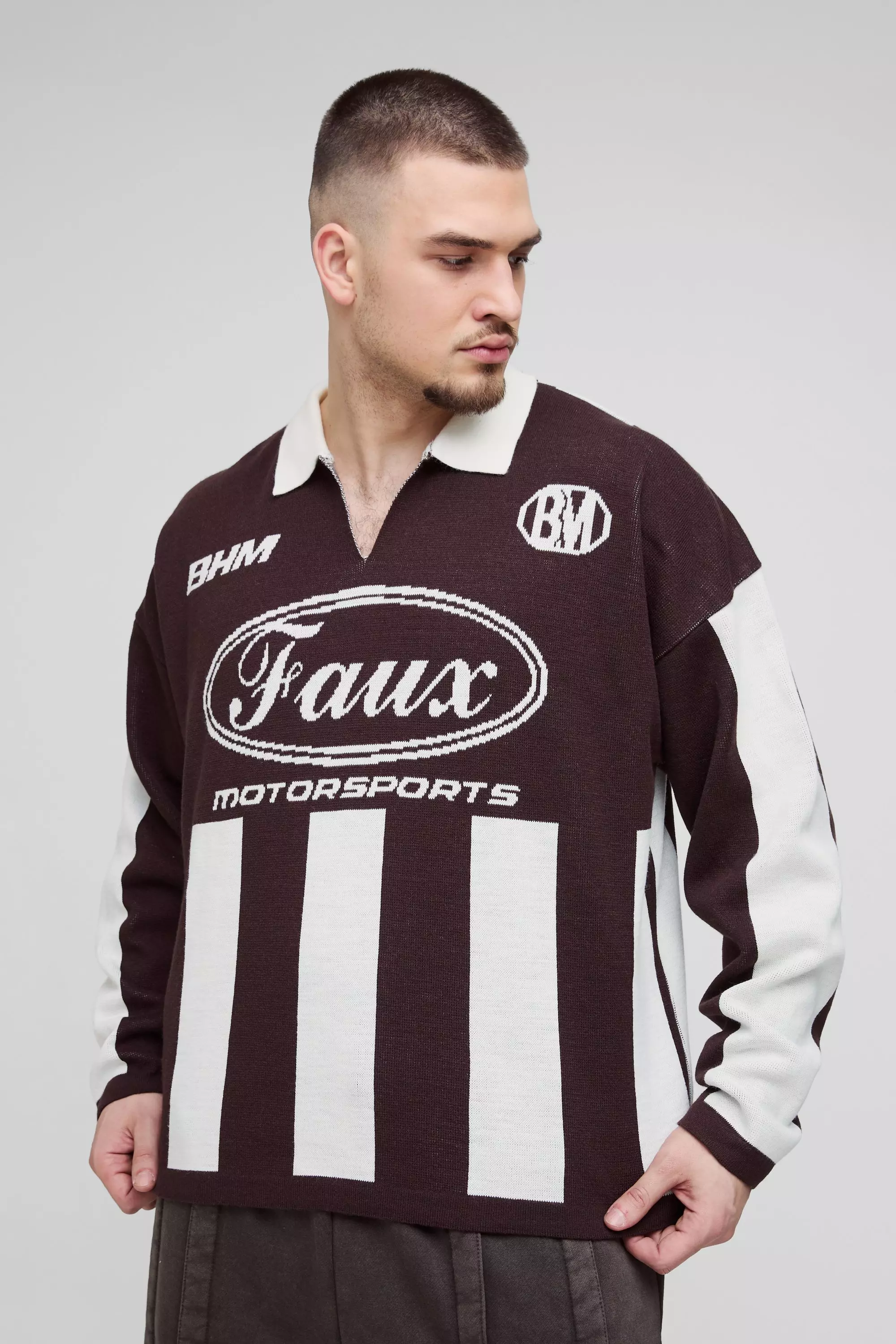 Tall Oversized Boxy Football Knitted Long Sleeve Polo Chocolate