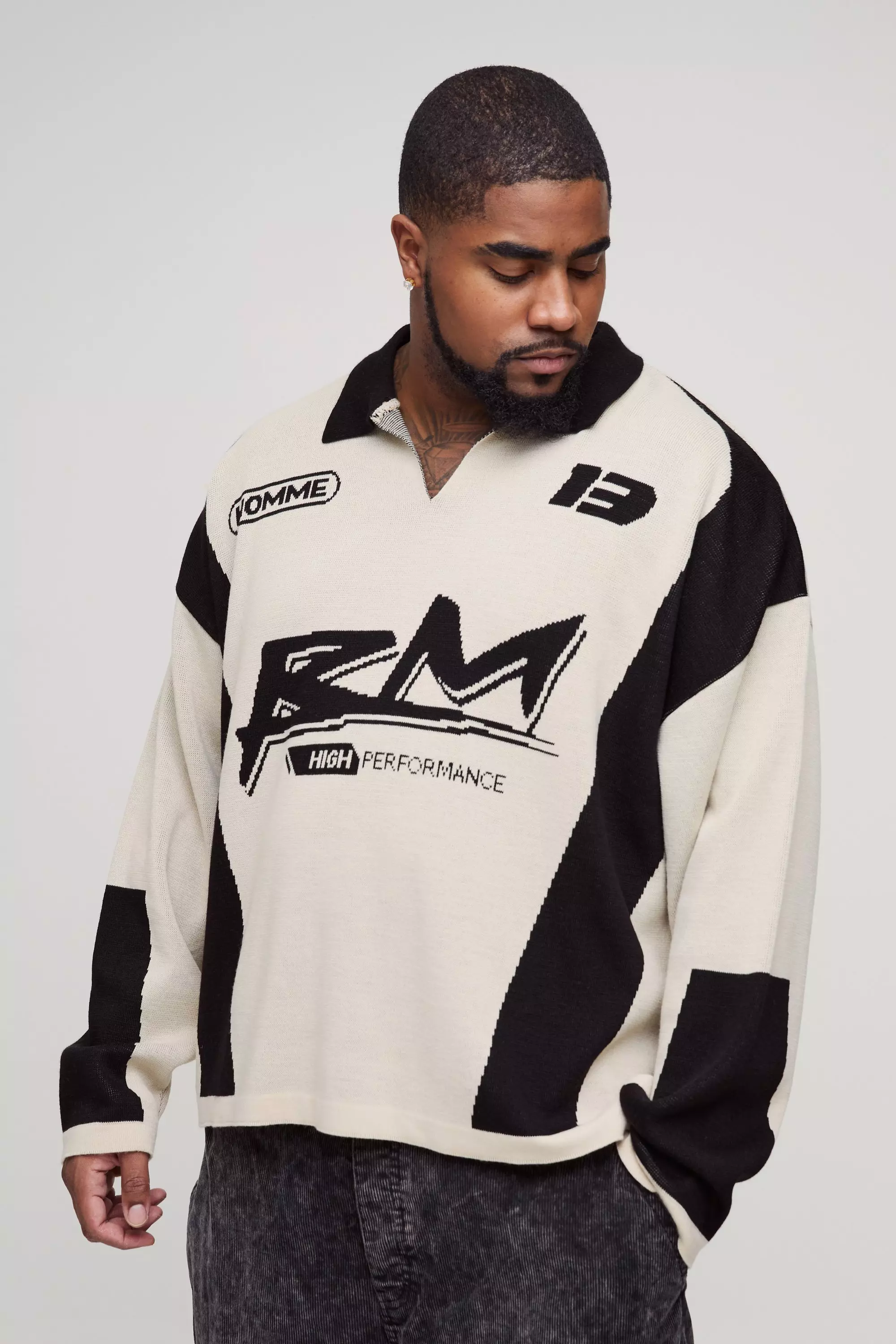 Plus langärmliges kastiges Oversize Moto-Poloshirt, Ecru alternatives Bild