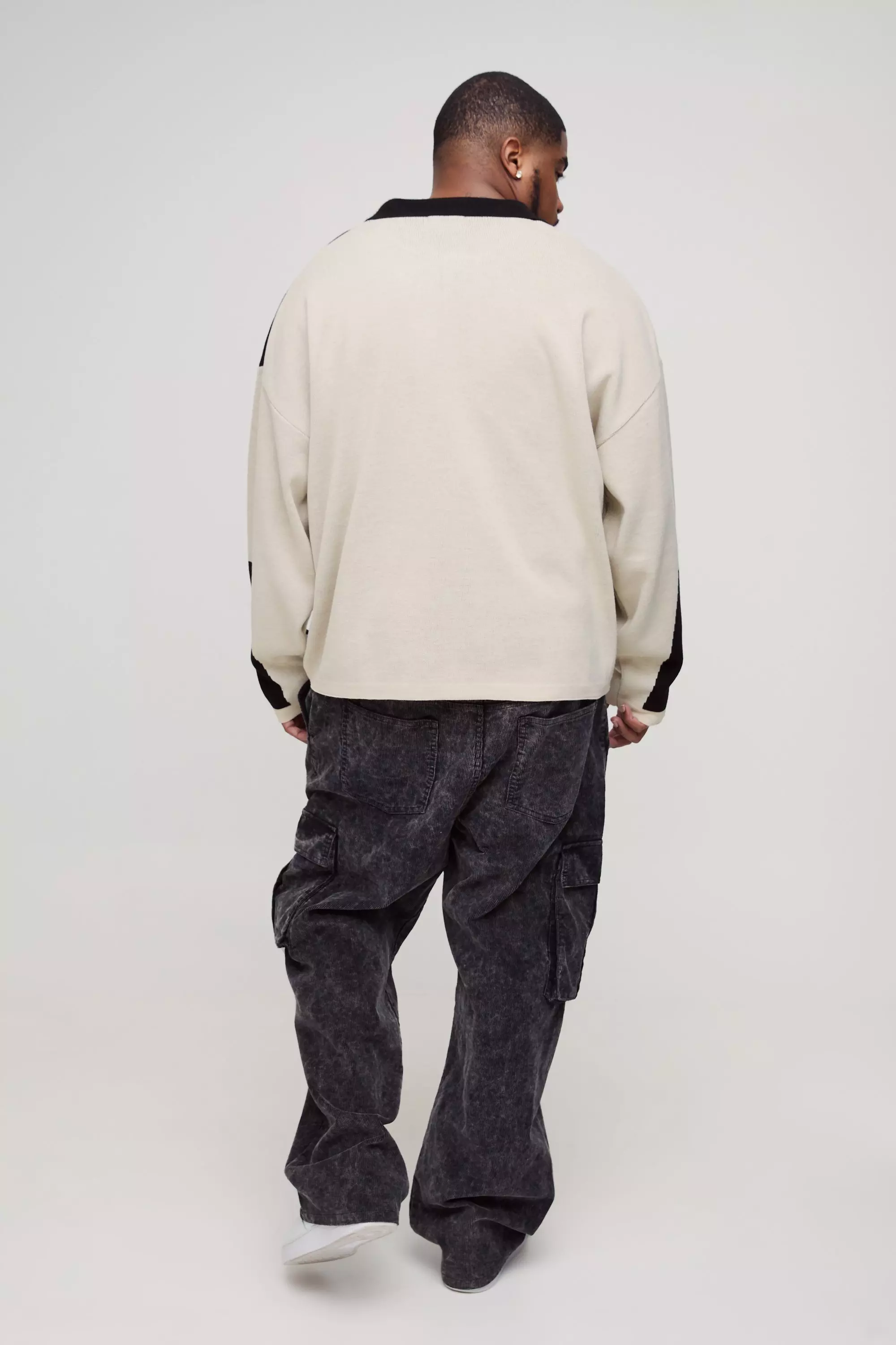 Plus langärmliges kastiges Oversize Moto-Poloshirt, Ecru alternatives Bild