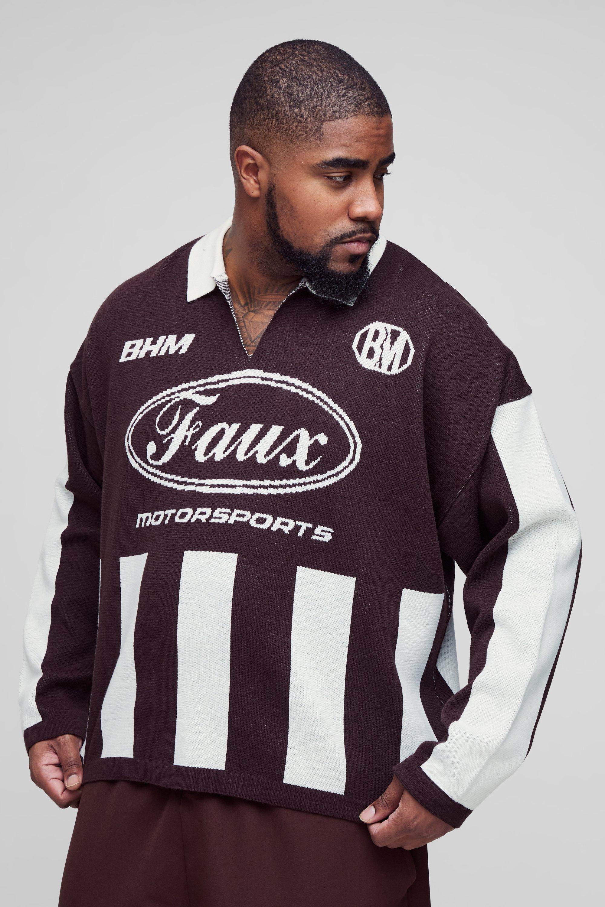 Plus Oversized Boxy Football Knitted Long Sleeve Polo | boohooMAN UK