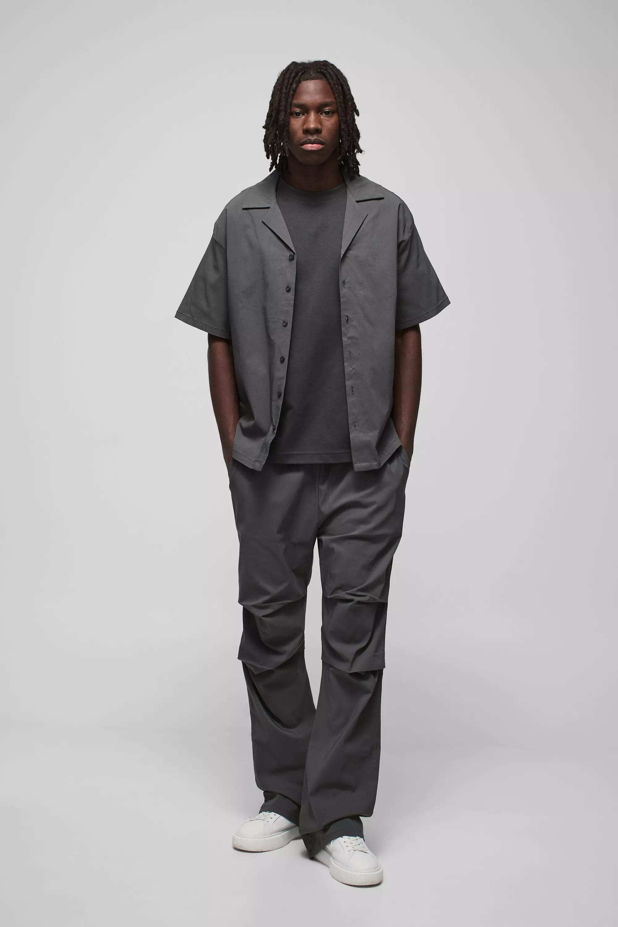 Oversized Revere Bengaline Shirt & Pleated Straight Stacked Trouser Set Slate