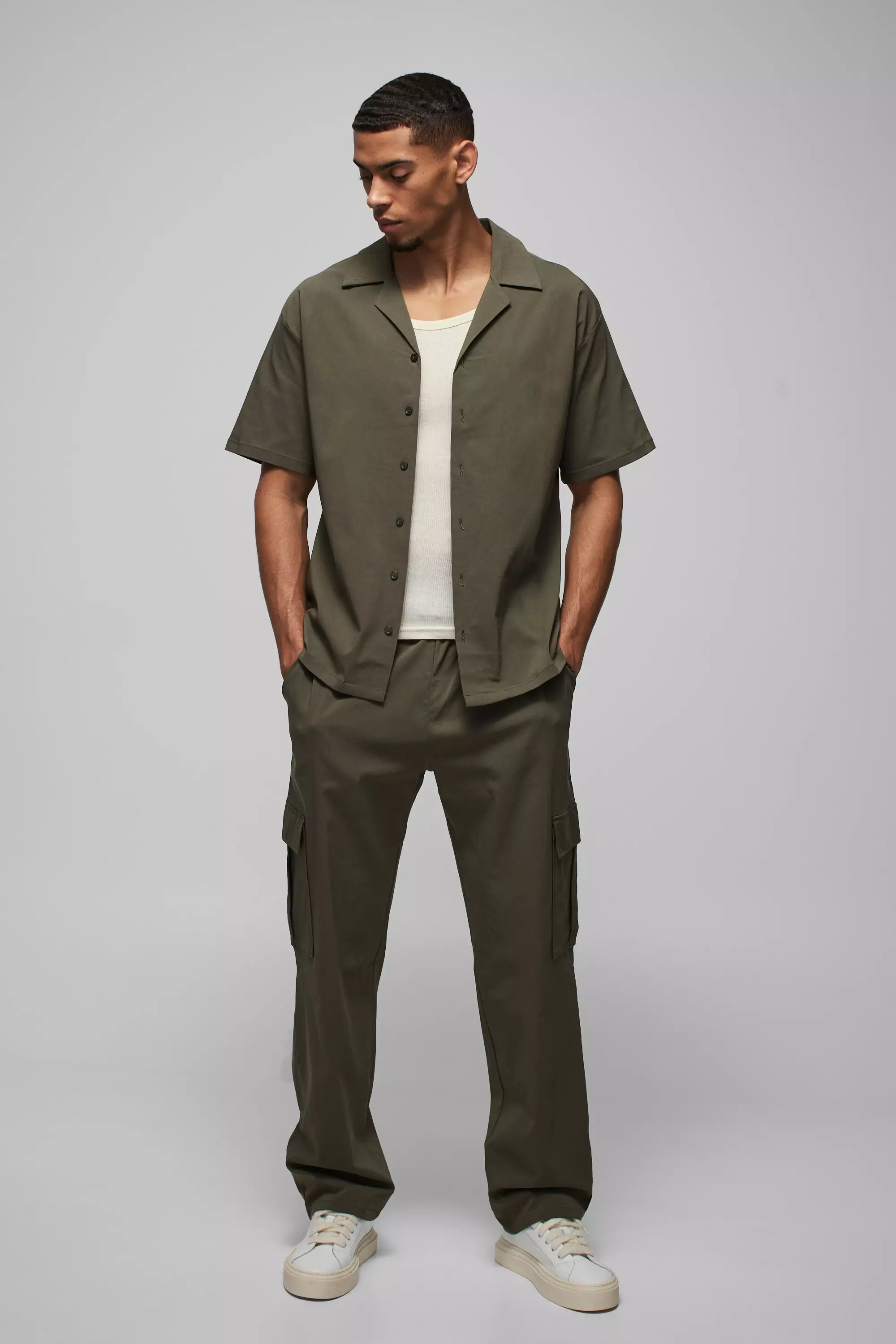 Olive Oversized Revere Bengaline Shirt & Cargo Trouser Set alternative image