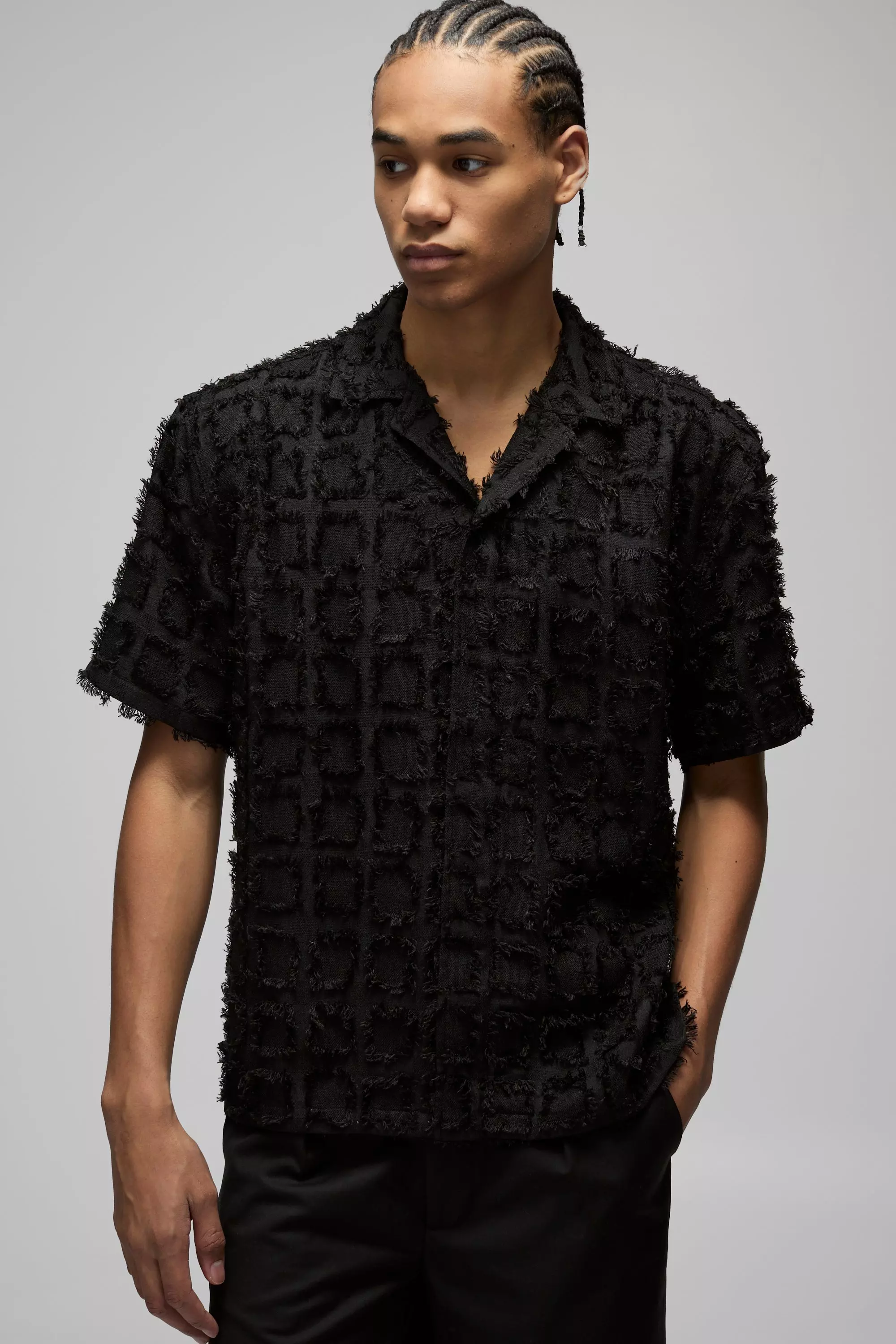 Black Oversized Tufted Texture Zip Up Shirt alternative image