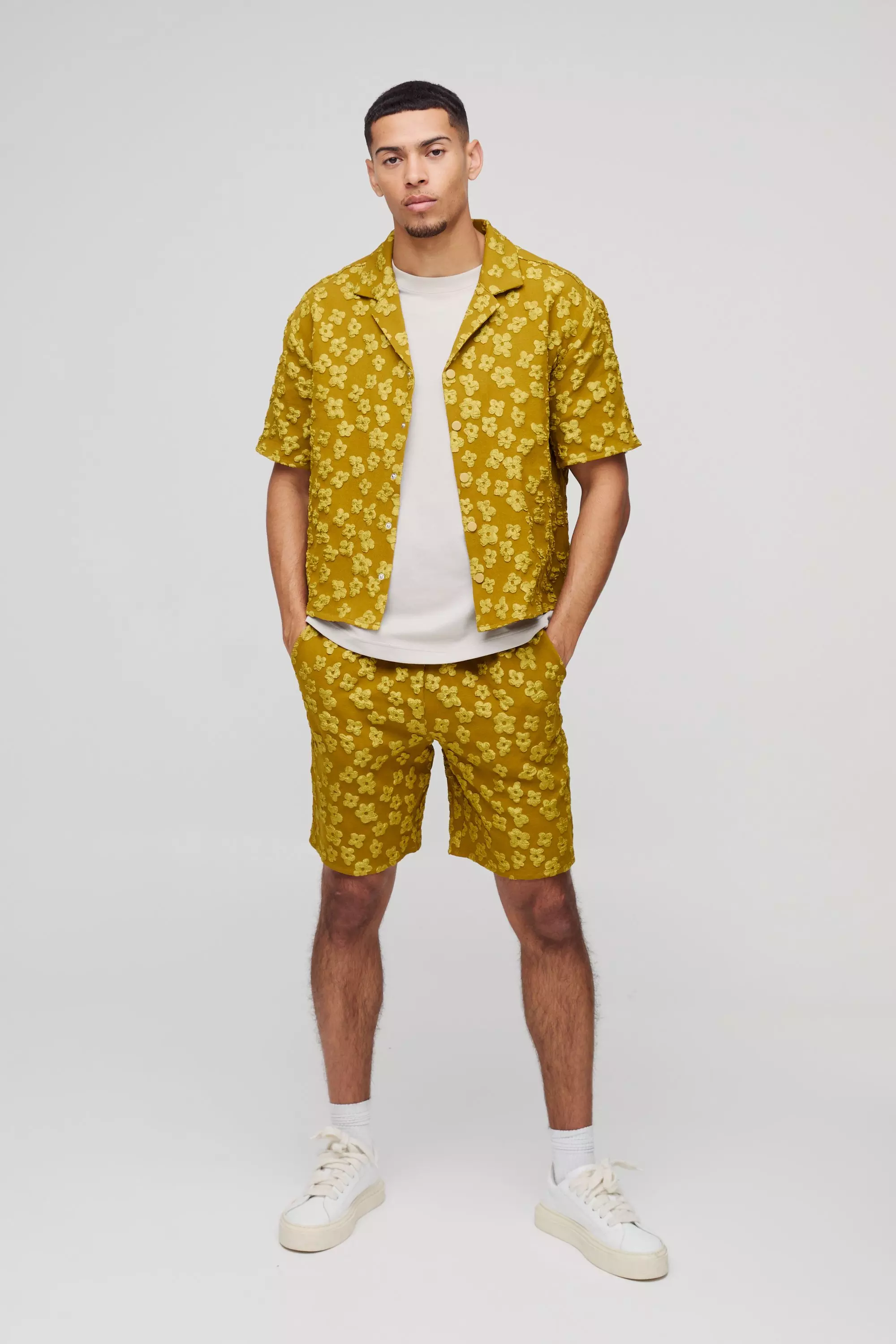 Chartreuse Oversized Boxy Jacquard Floral Shirt & Short Set alternative image