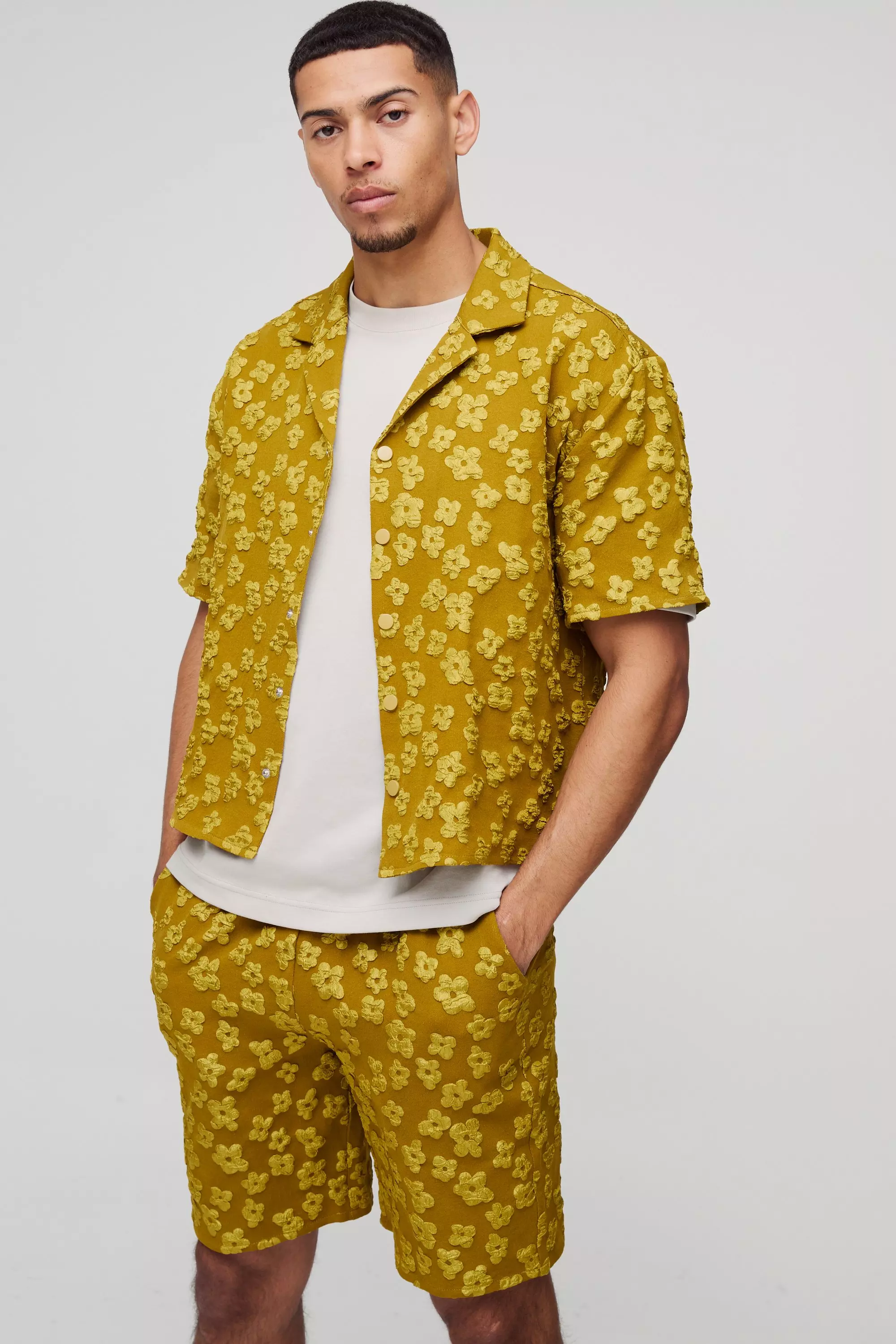 Chartreuse Oversized Boxy Jacquard Floral Shirt & Short Set alternative image