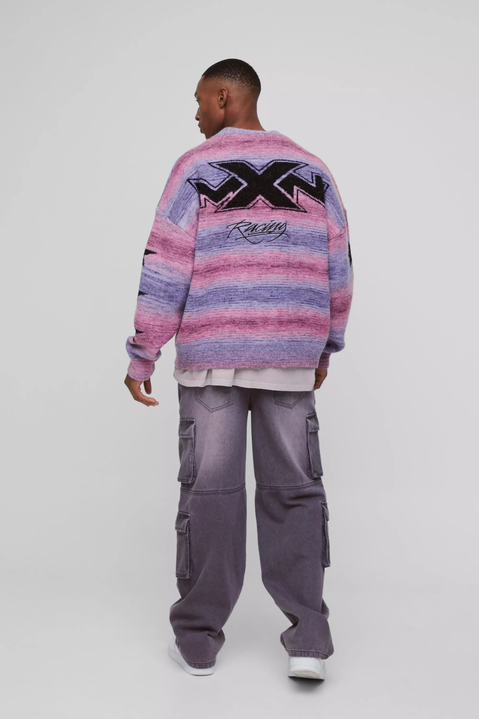 Cardigan oversize à rayures en maille brossée, Pink autre image