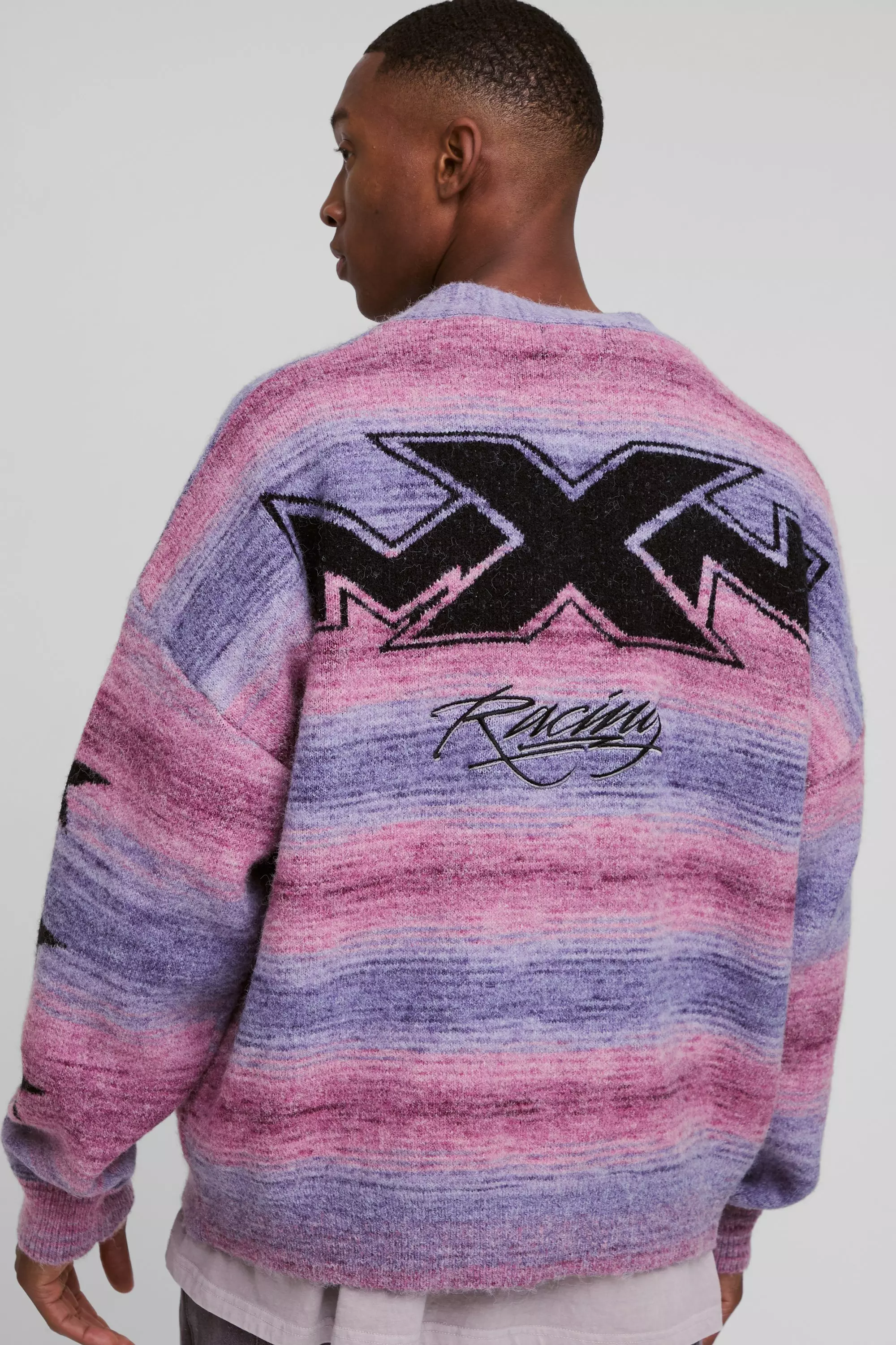 Cardigan oversize à rayures en maille brossée, Pink autre image