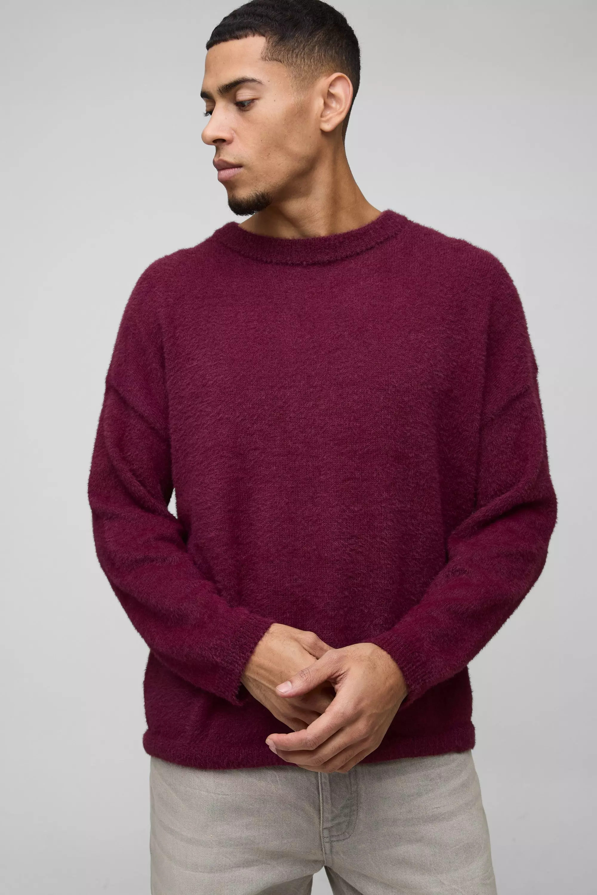 Boxy Fluffy Knitted Jumper Burgundy