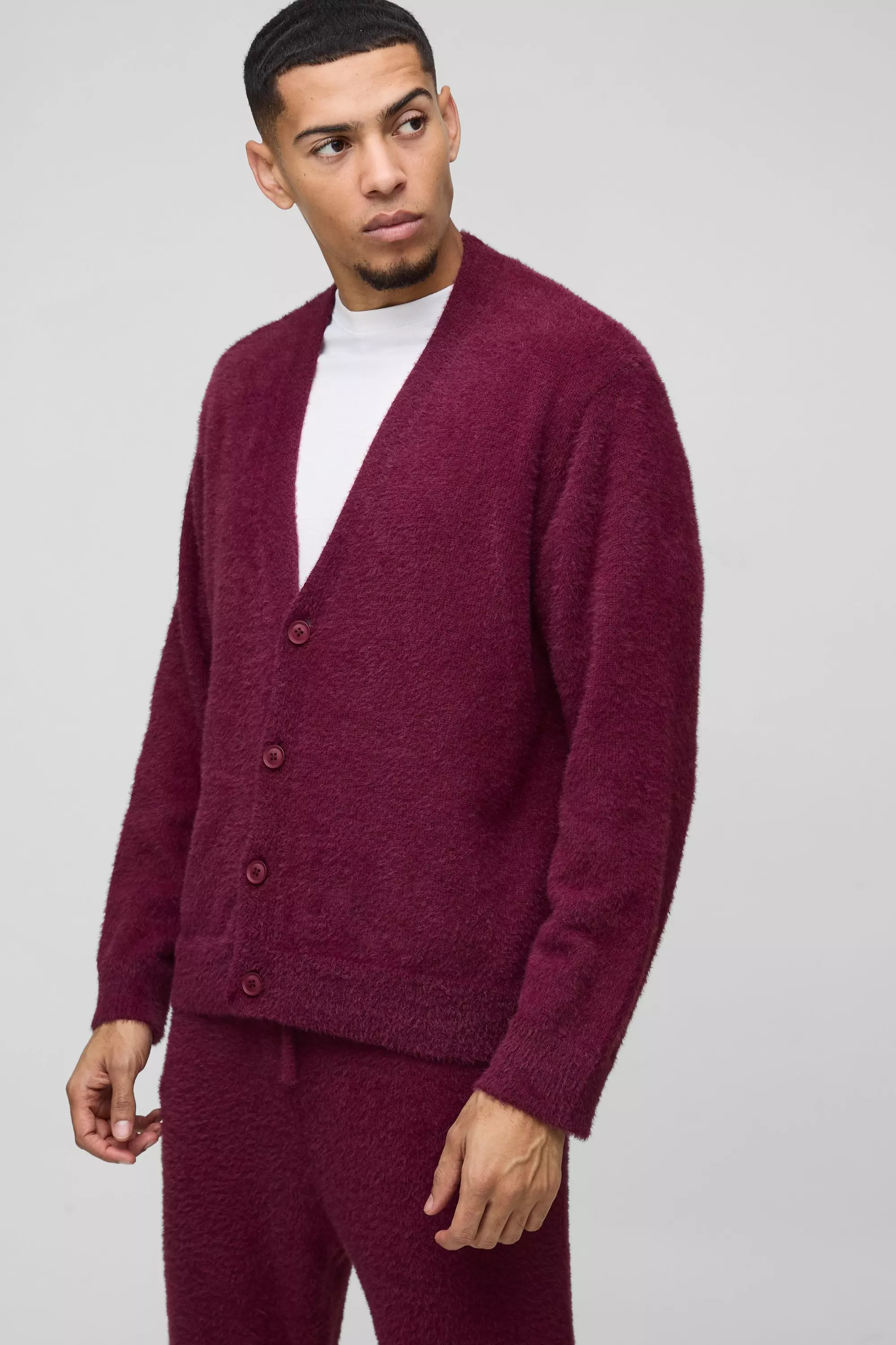Burgundy Boxy Fluffy Knitted Cardigan alternative image