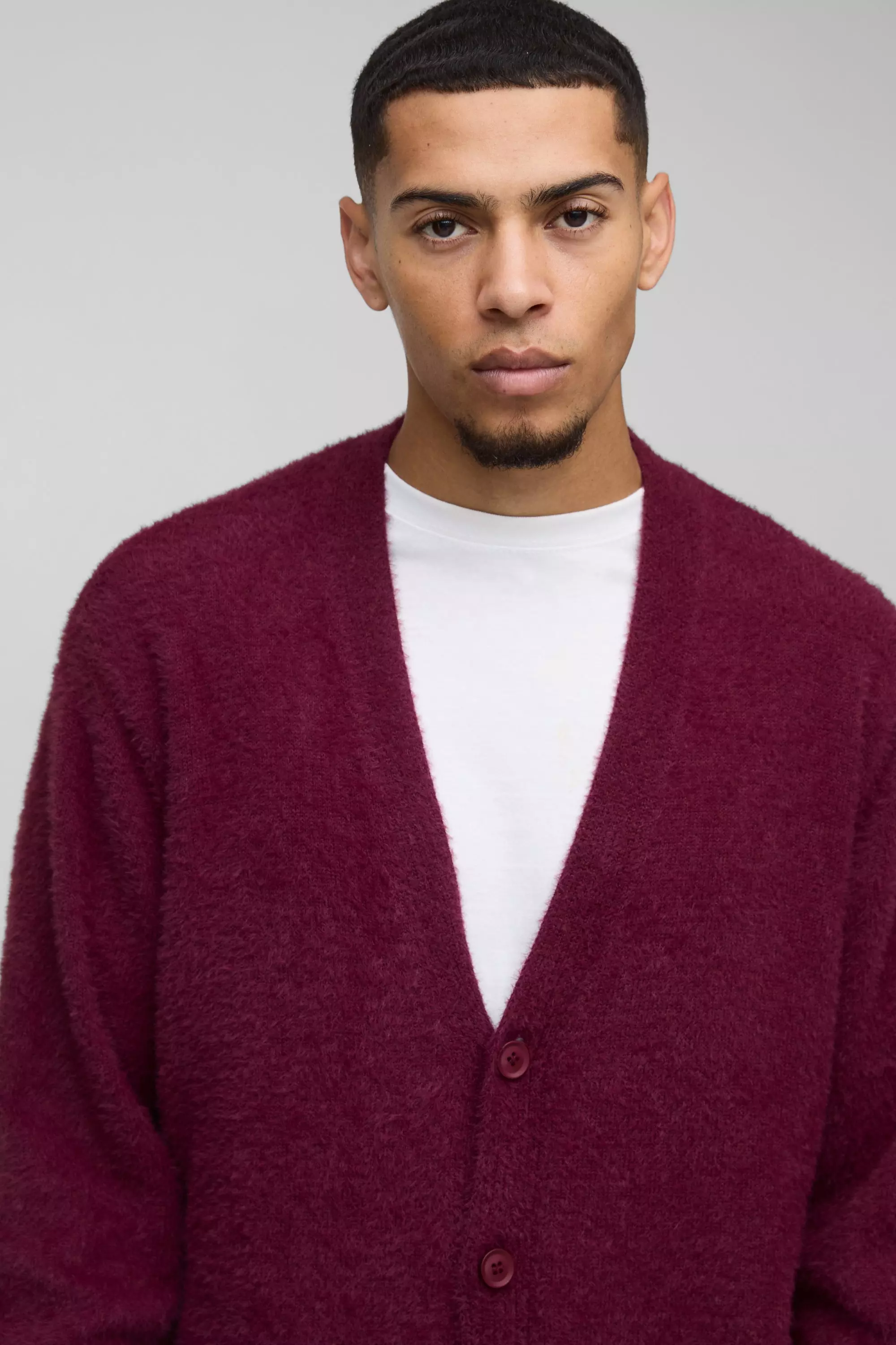 Burgundy Boxy Fluffy Knitted Cardigan alternative image