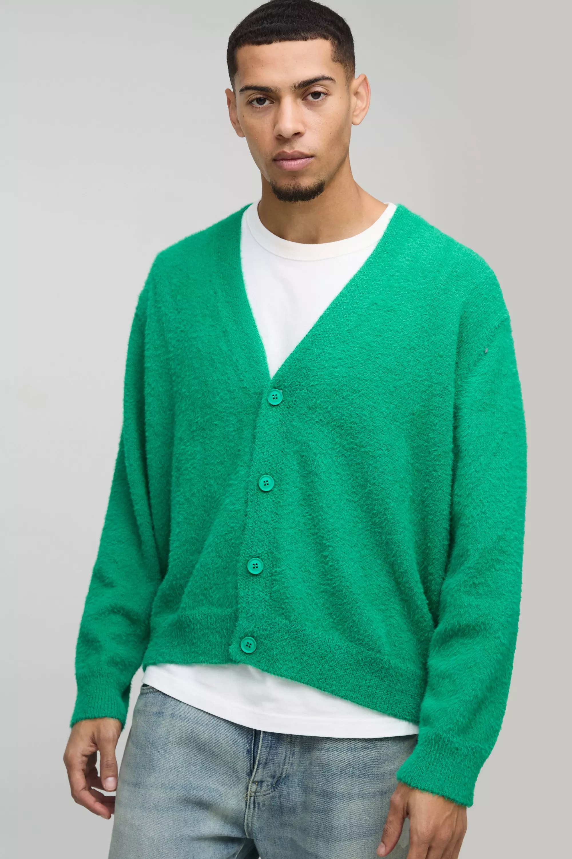 Green Boxy Fluffy Knitted Cardigan alternative image