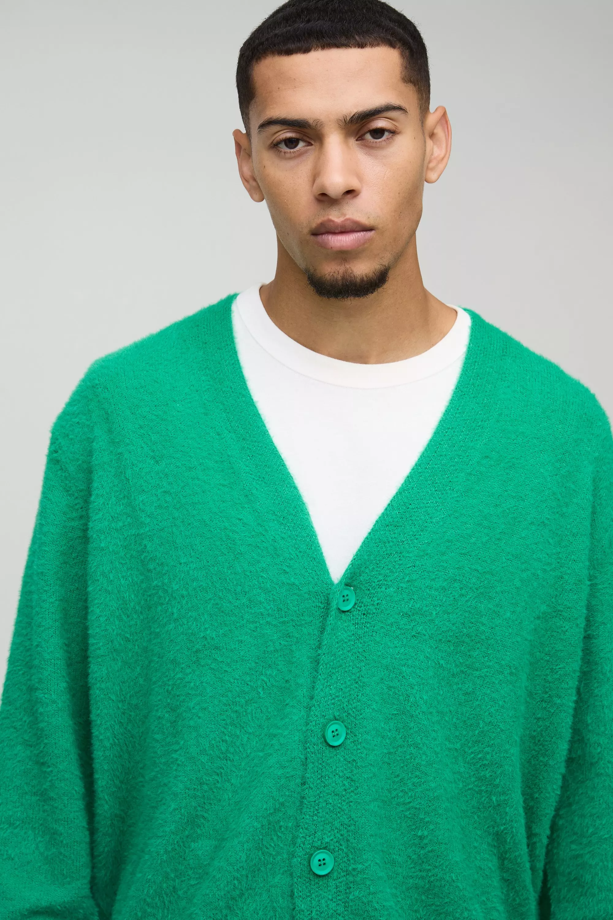 Green Boxy Fluffy Knitted Cardigan alternative image