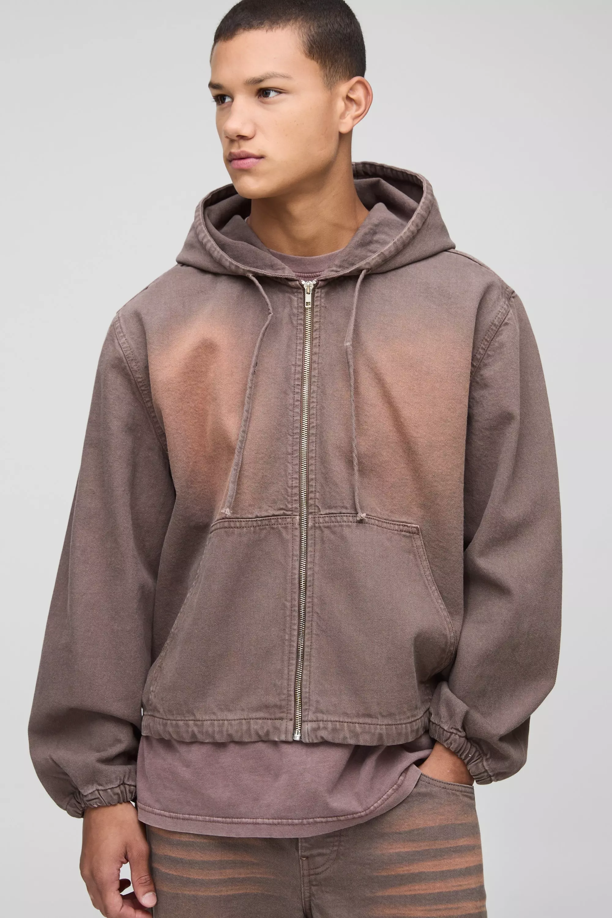 Loose Washed Brown Denim Hoodie Brown