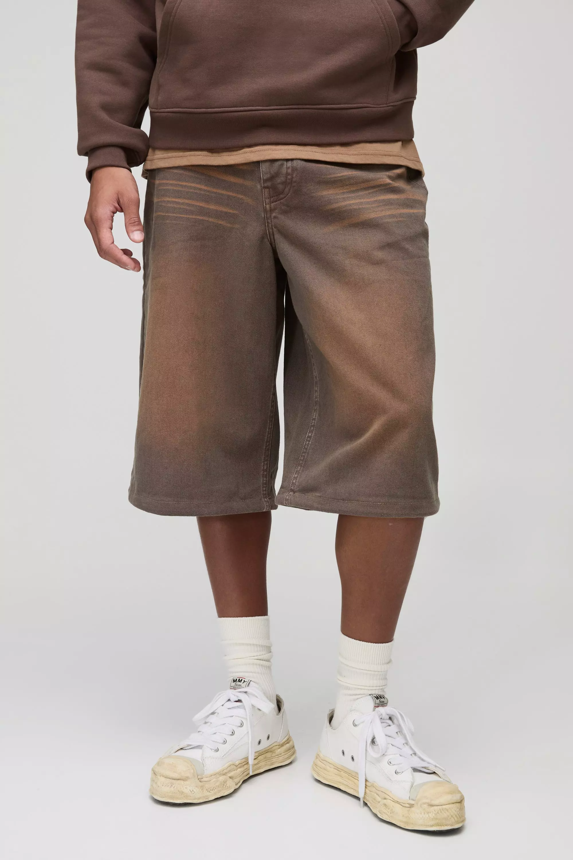 Longline Rigid Washed Brown Denim Jorts | boohooMAN USA