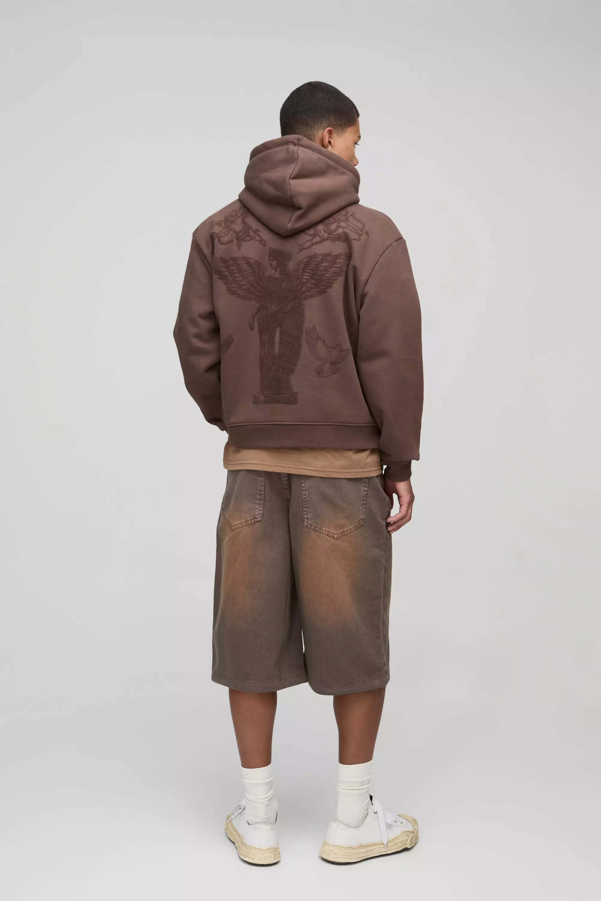 Longline Rigid Washed Brown Denim Jorts | boohooMAN USA