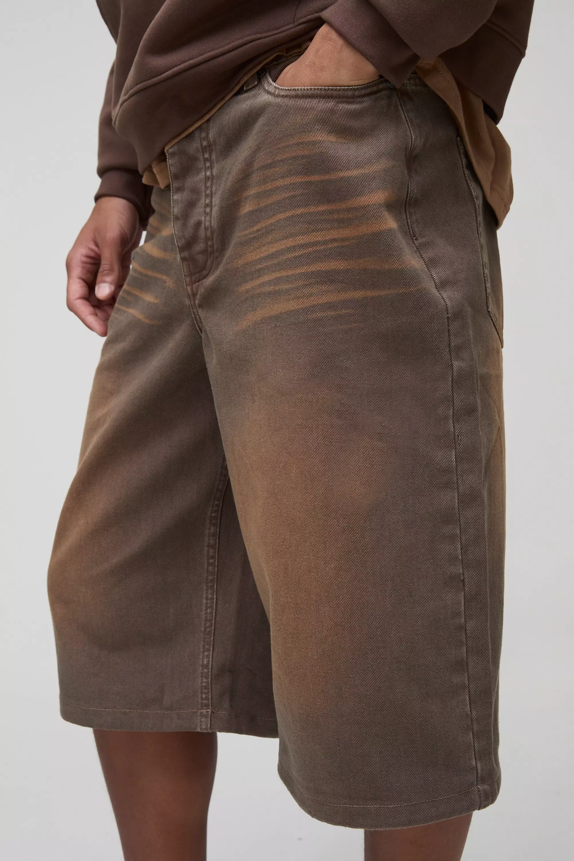 Longline Rigid Washed Brown Denim Jorts | boohooMAN USA
