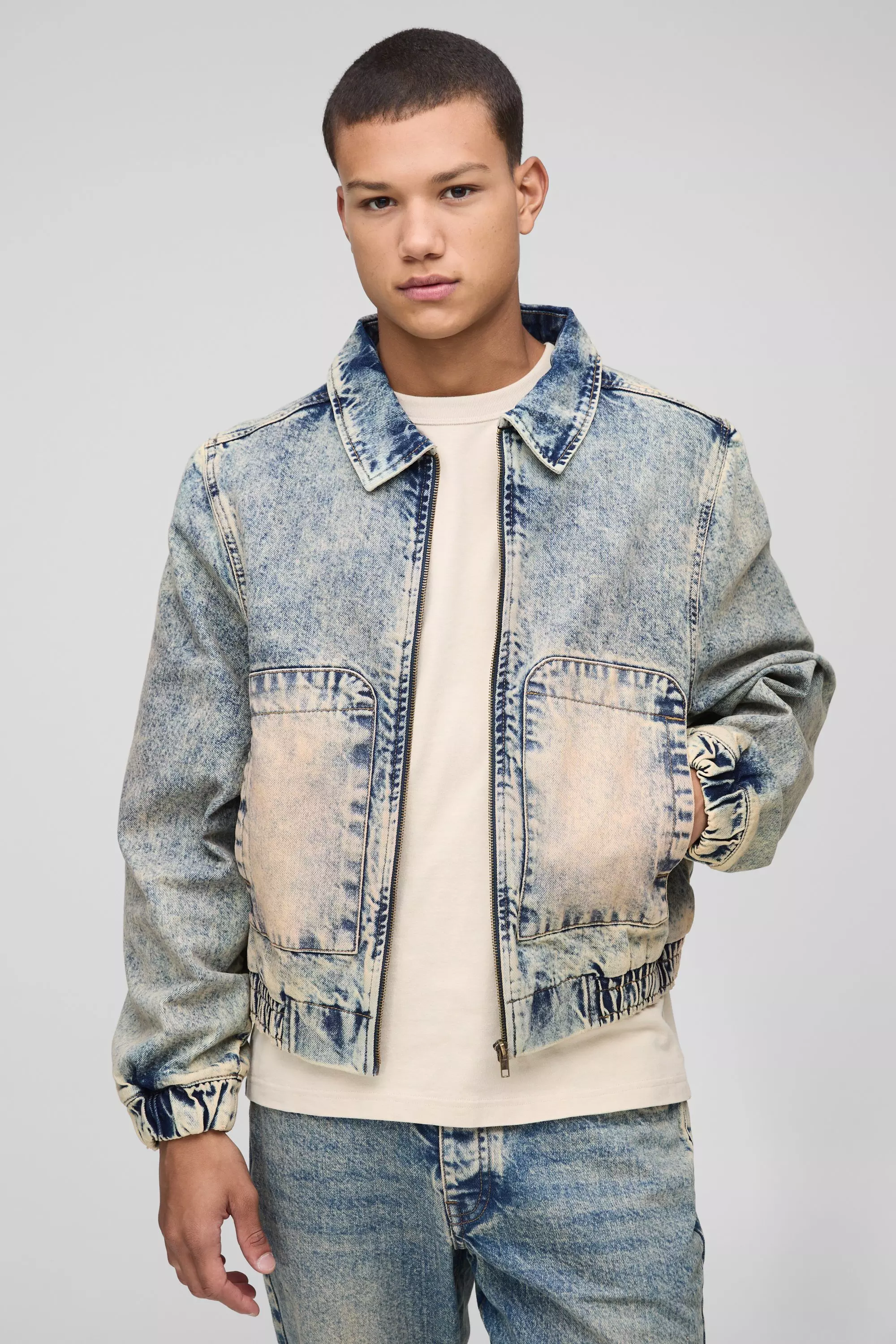 Relaxed Zip Through Antique Wash Denim Bomber | boohooMAN USA