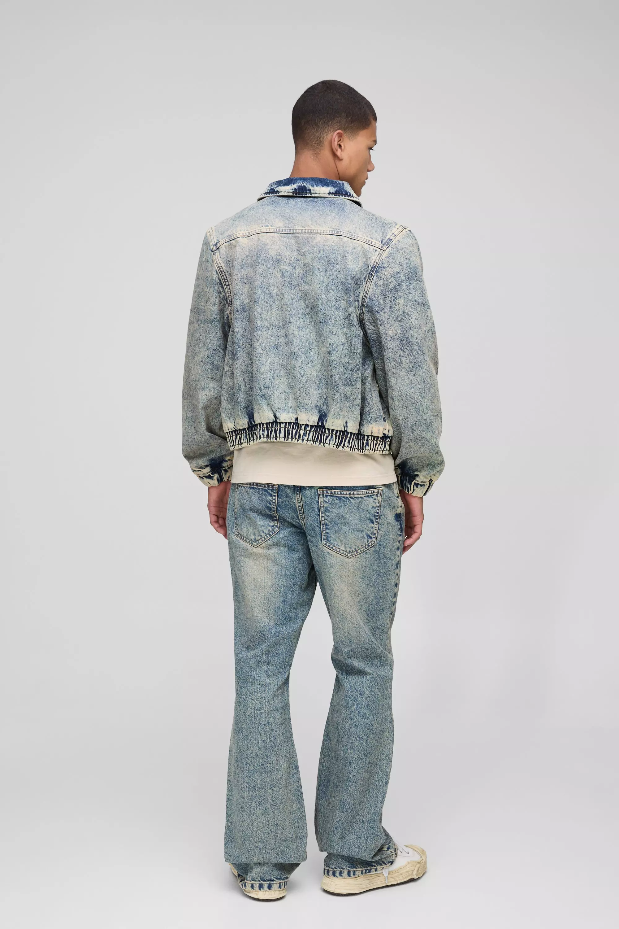 Relaxed Zip Through Antique Wash Denim Bomber | boohooMAN USA
