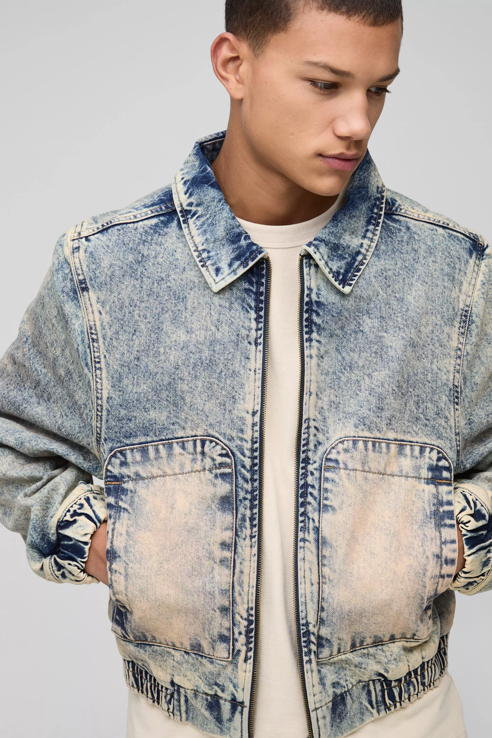 Relaxed Zip Through Antique Wash Denim Bomber | boohooMAN USA