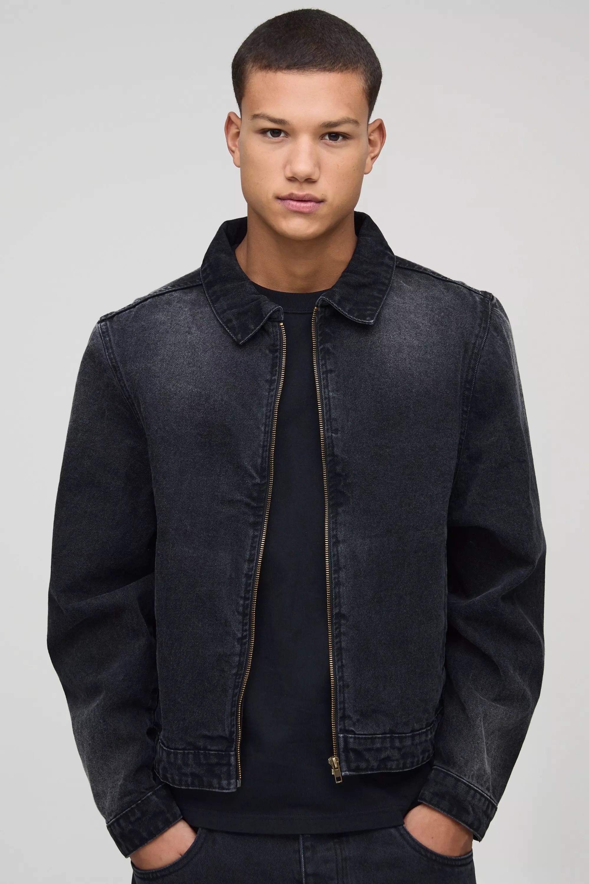 Harrington Washed Black Denim Jacket | boohooMAN