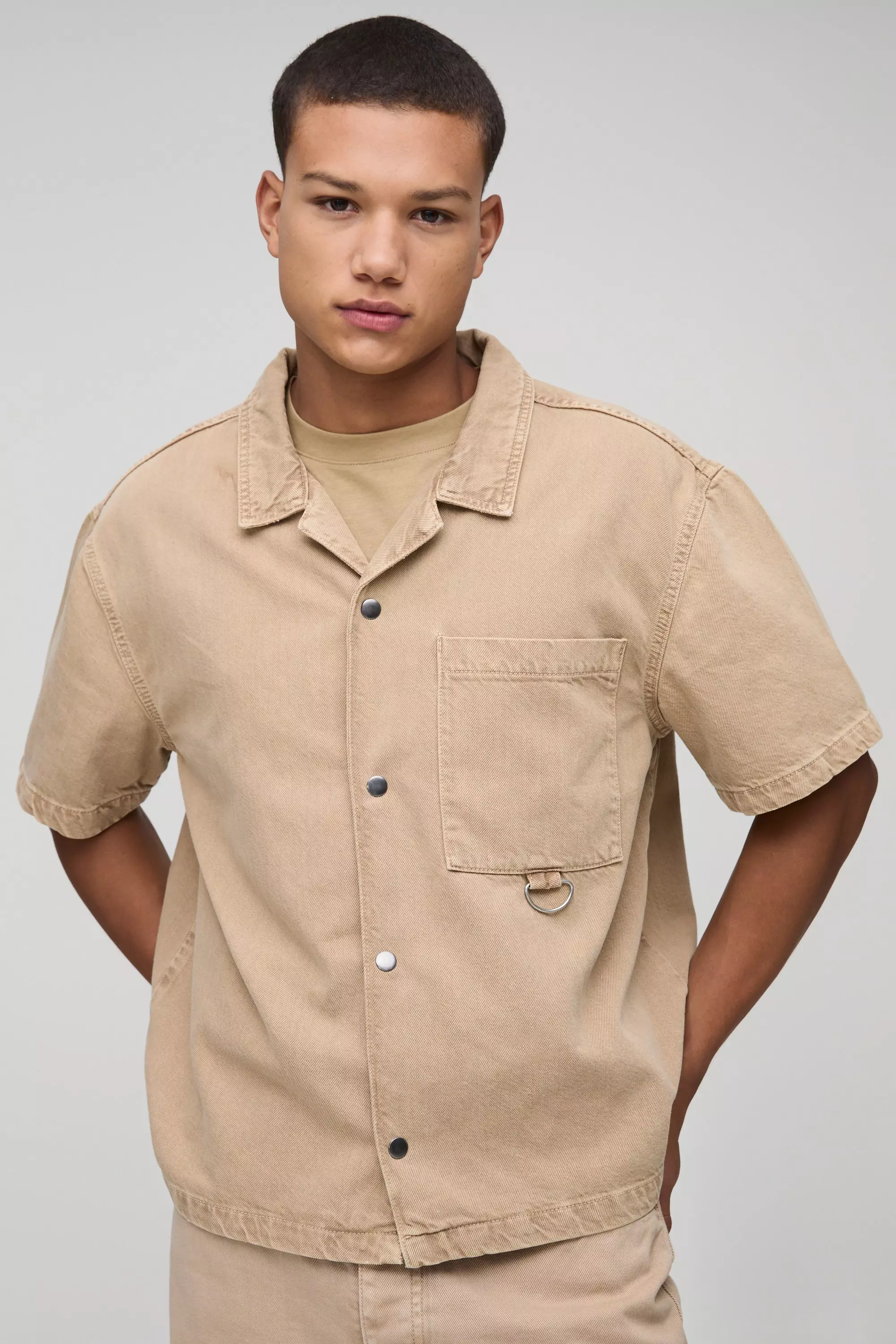 Boxy Revere Washed Denim Shirt light brown