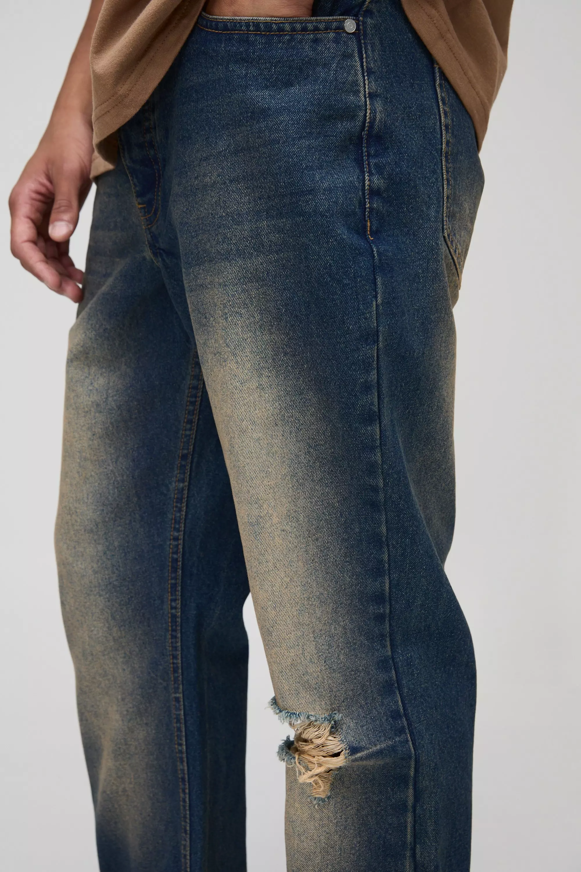 Vintage blue Gebleekte Baggy Jeans Met Gescheurde Knieën alternatieve afbeelding