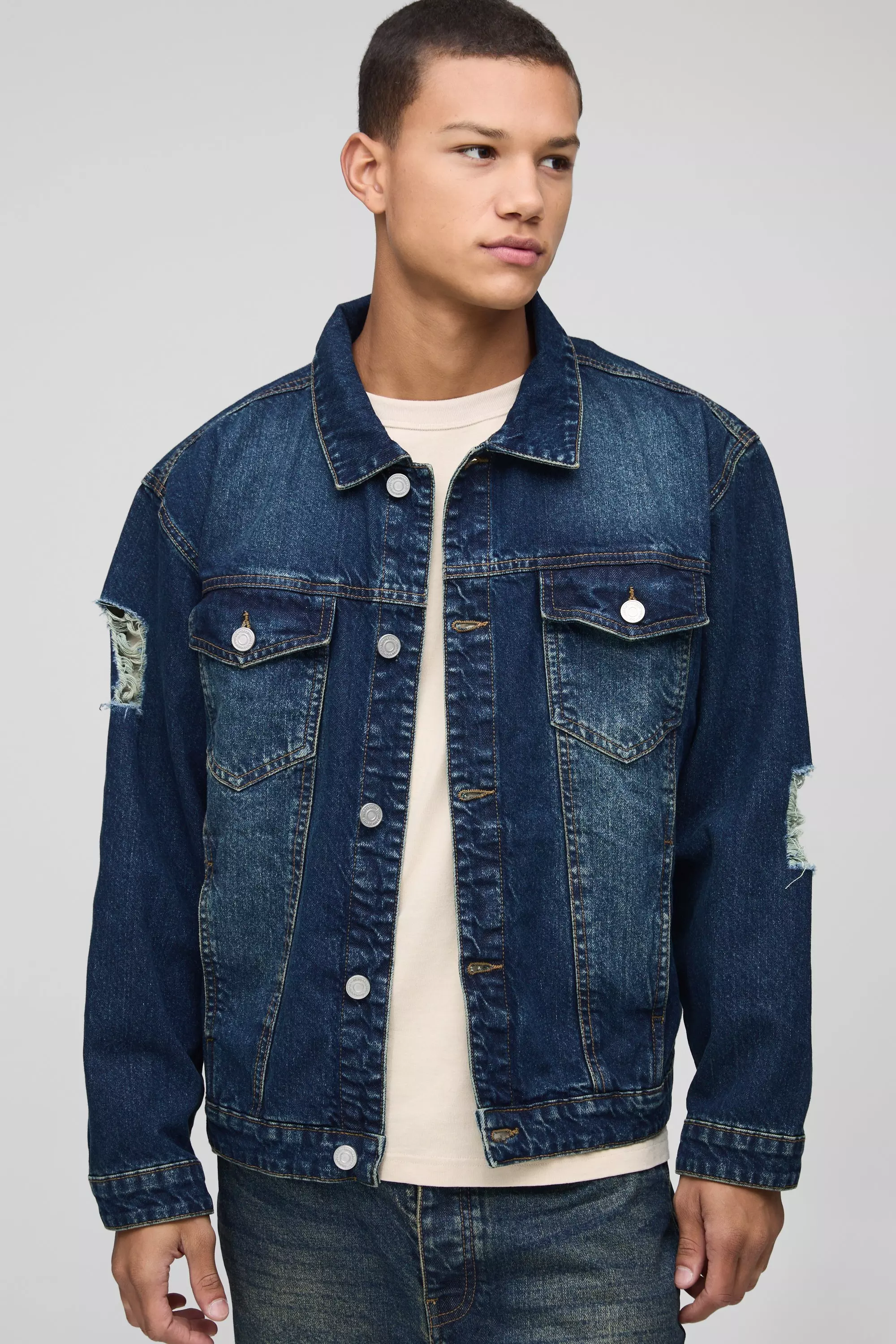Vintage blue Regular Washed Ripped Denim Jacket alternative image