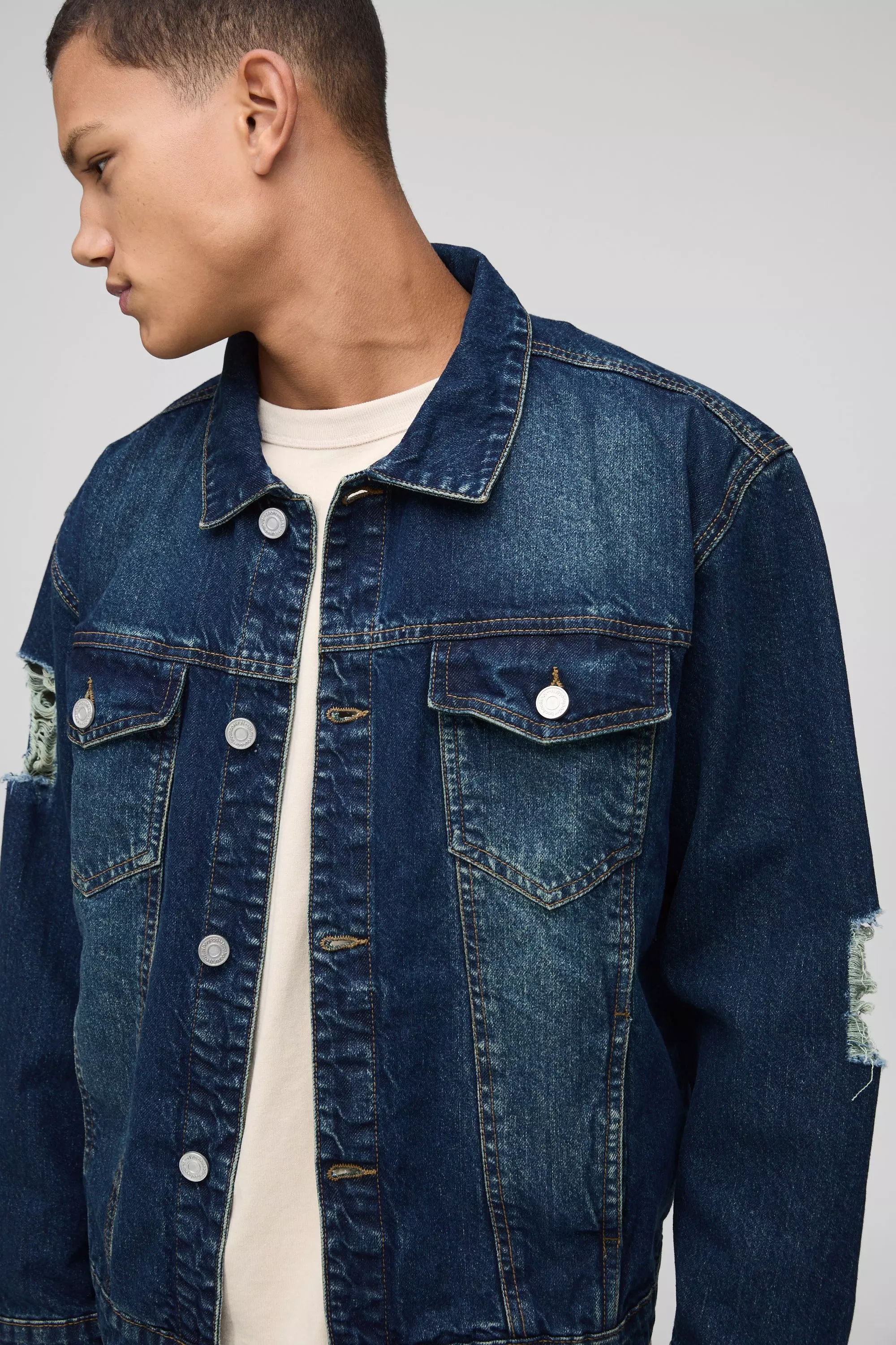 Vintage blue Regular Washed Ripped Denim Jacket alternative image