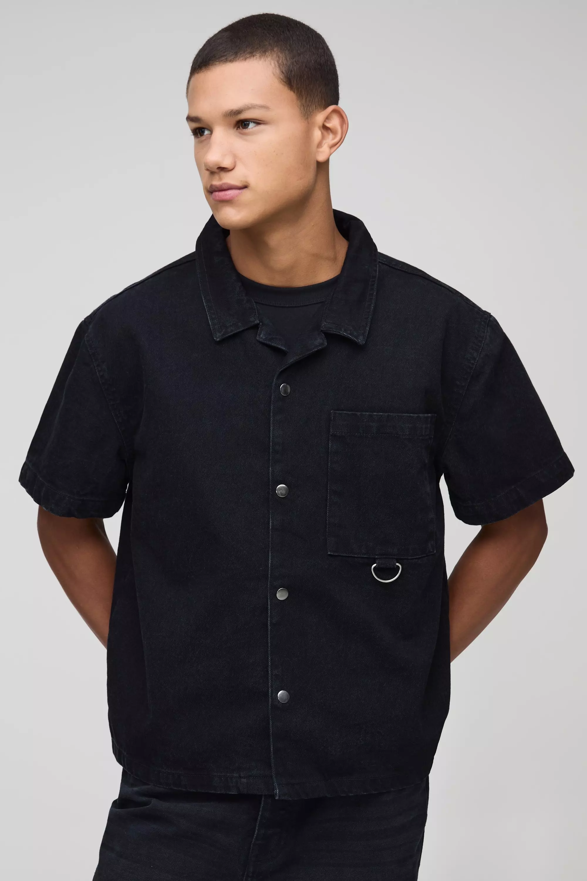 Boxy Revere Black Washed Denim Shirt Black