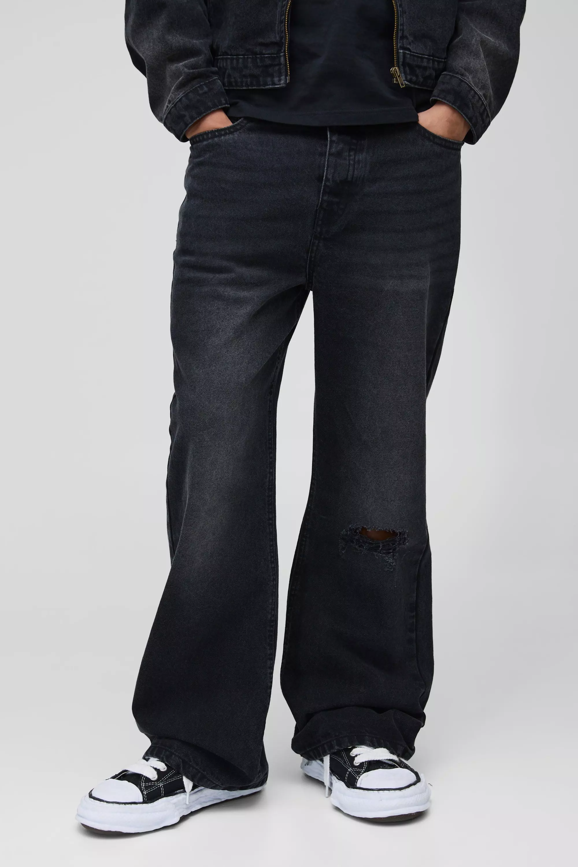 Relaxed Flare Washed Black Ripped Knee Jeans | boohooMAN USA