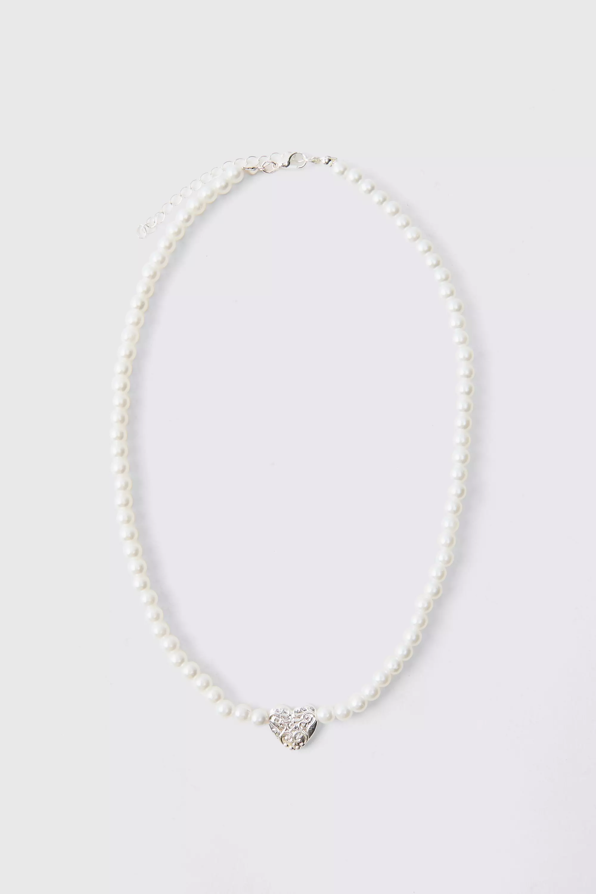 Pearl Necklace With Heart Pendant Silver