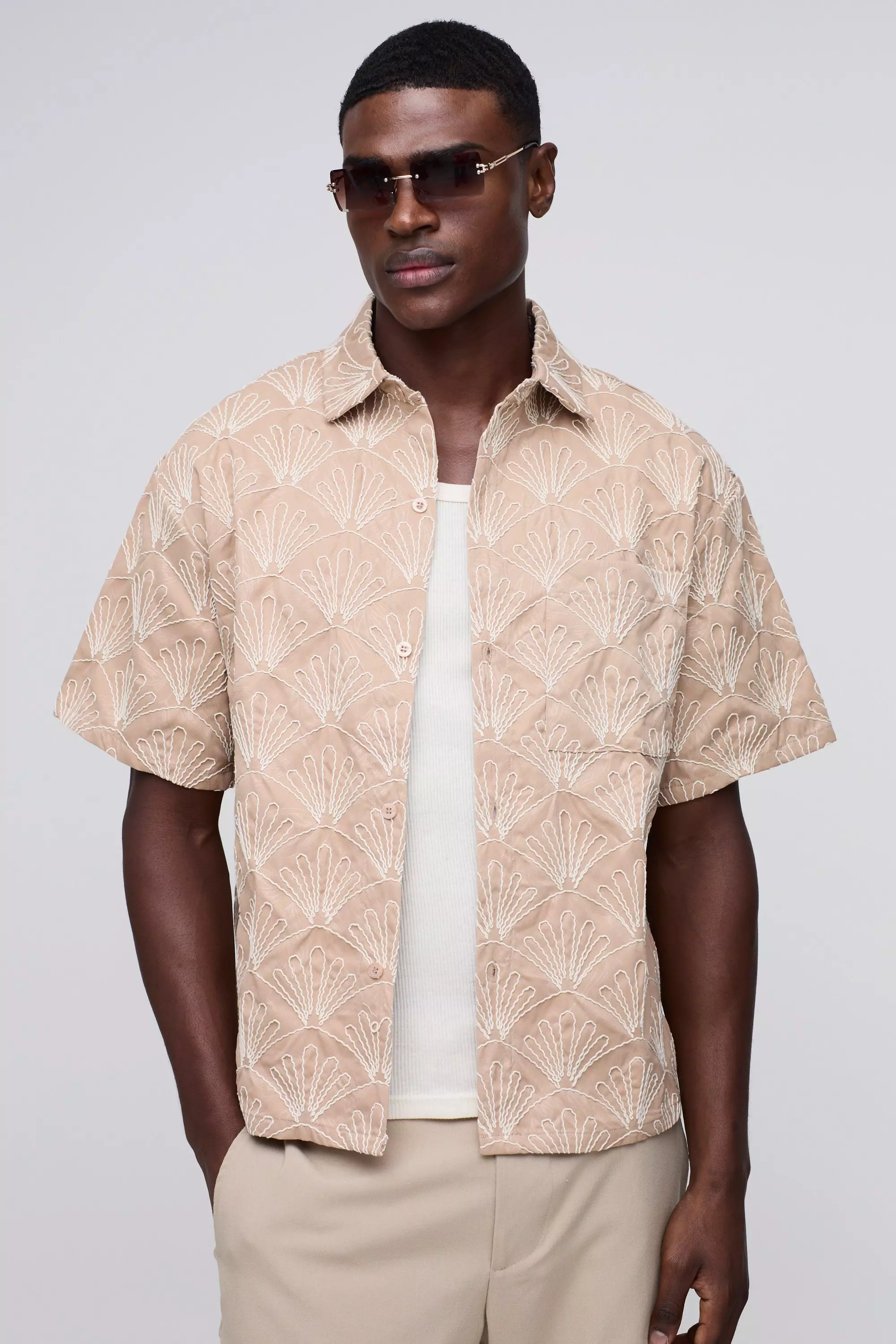 Camicia Oversize Con Colletto E Ricami In 3D, Taupe immagine alternativa