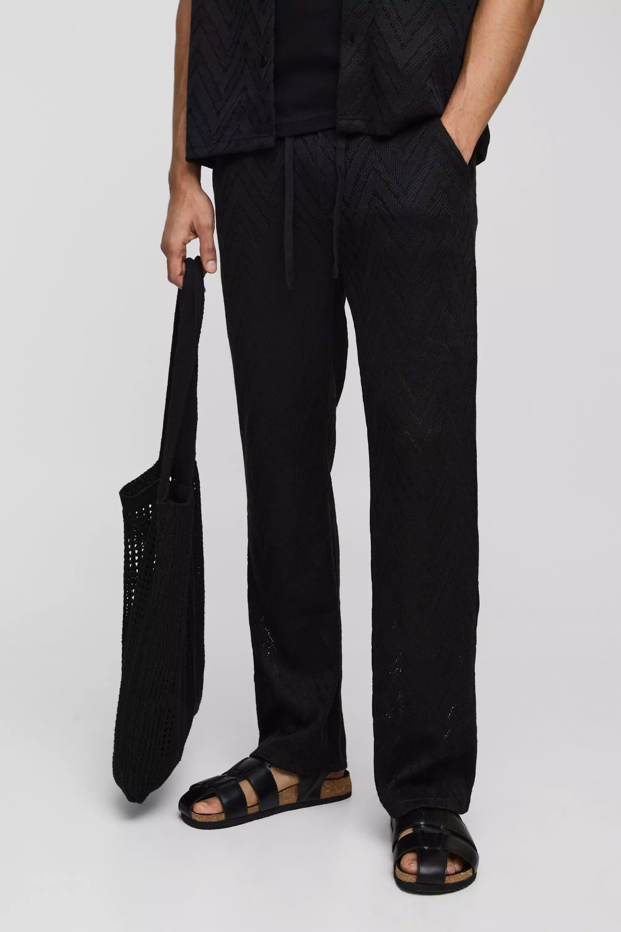 Pantaloni Rilassati A Zig Zag Con Vita Elasticizzata E Cuciture Aperte, Black immagine alternativa