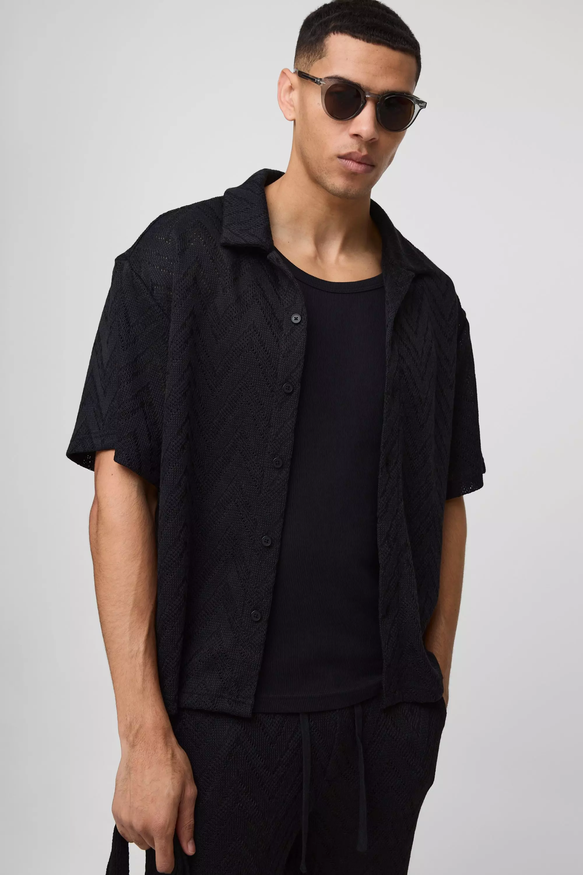Pantaloni Rilassati A Zig Zag Con Vita Elasticizzata E Cuciture Aperte, Black immagine alternativa