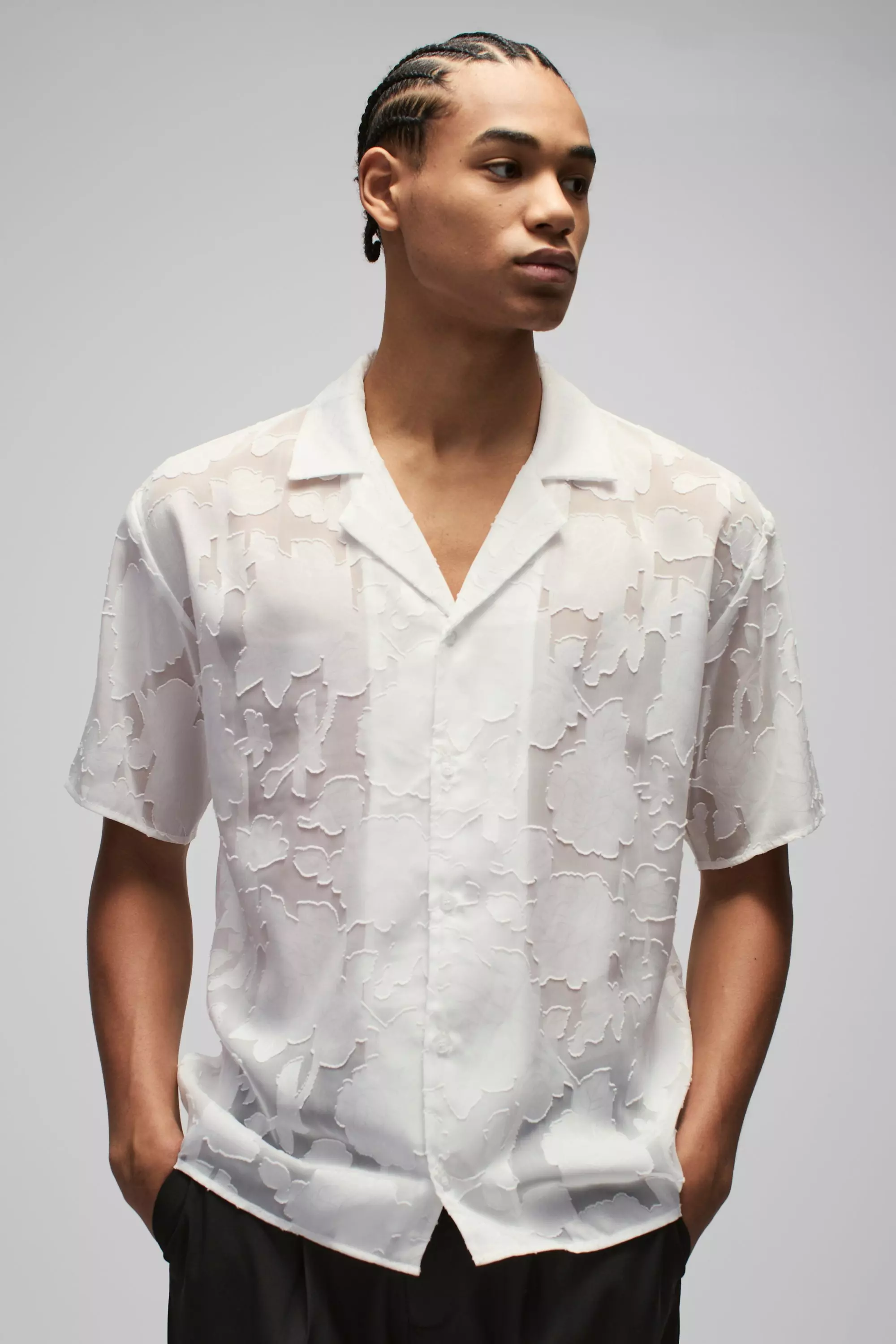 Oversized Organza Floral Revere Shirt White