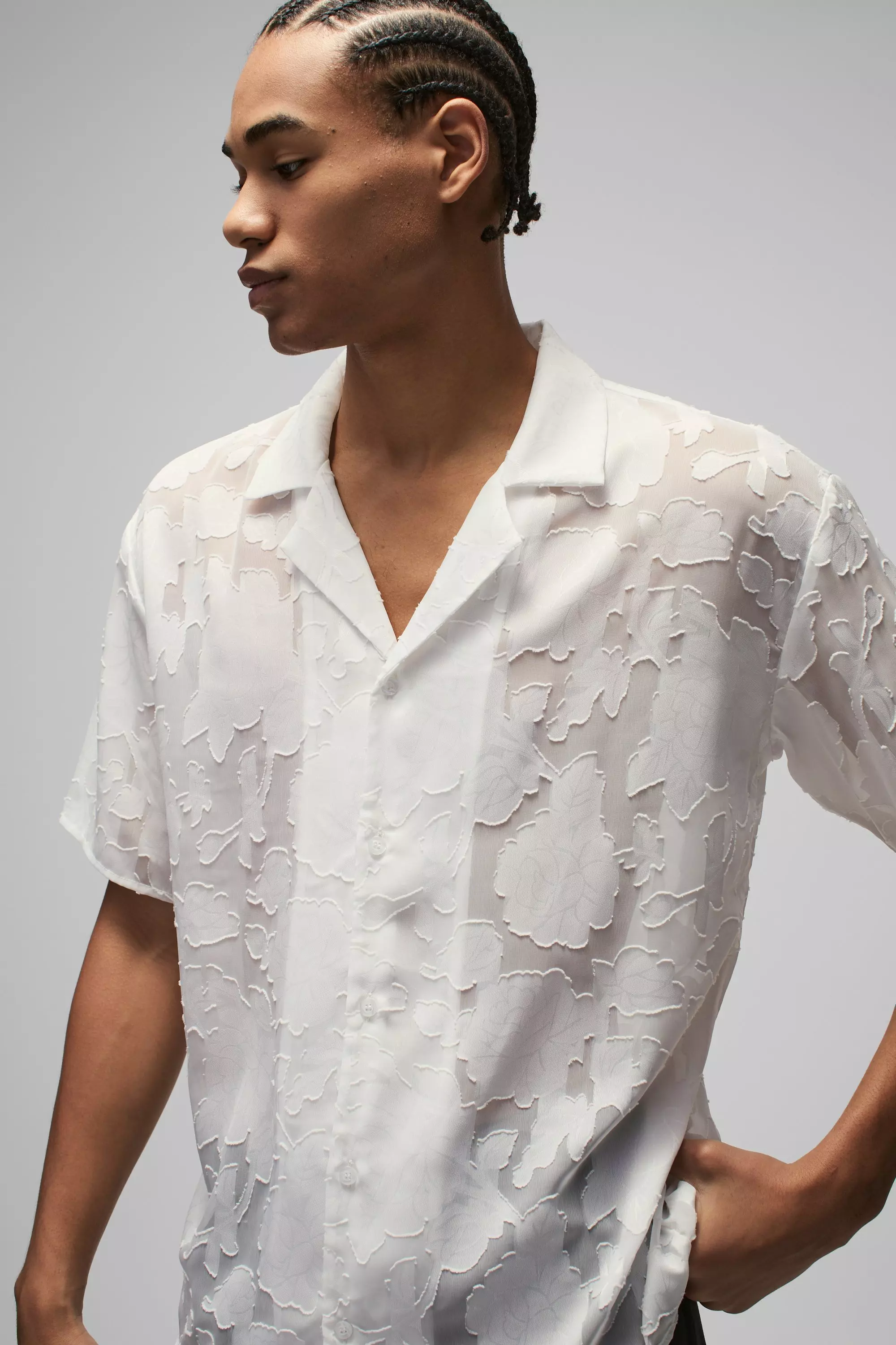 Camicia Oversize In Organza A Fiori Con Rever, White immagine alternativa
