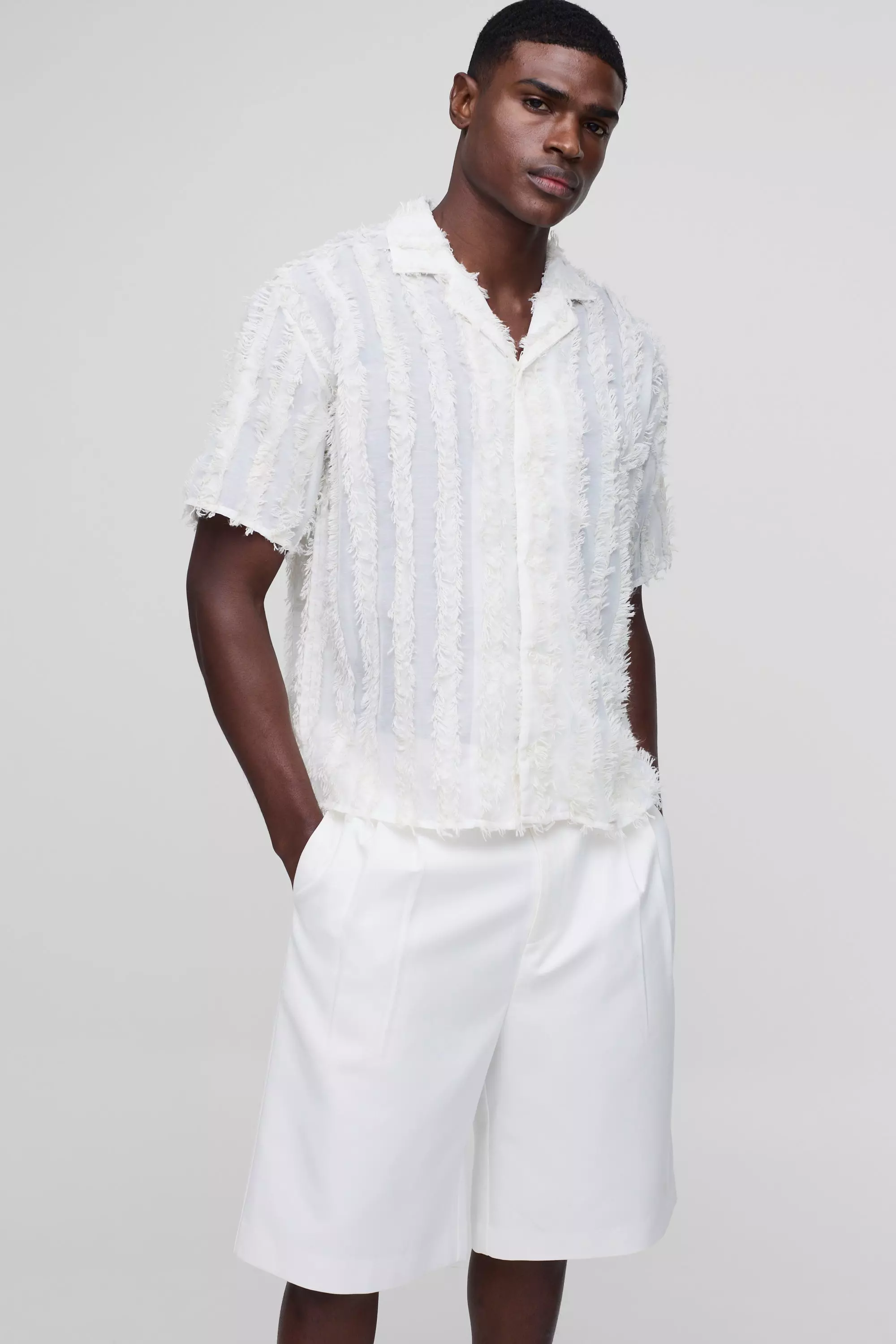 Ecru Oversized Tufted Stripe Revere Shirt alternative image