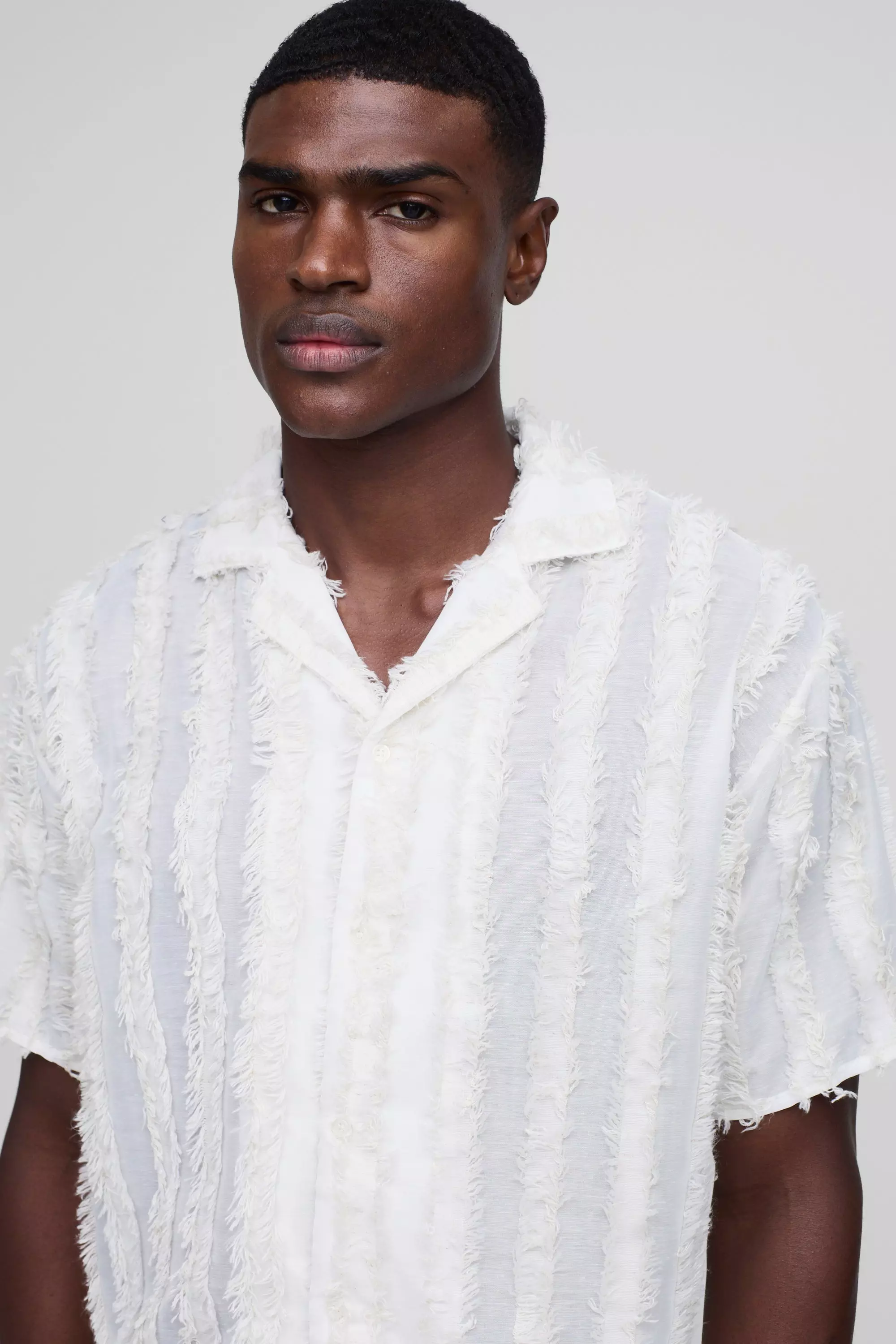 Ecru Oversized Tufted Stripe Revere Shirt alternative image