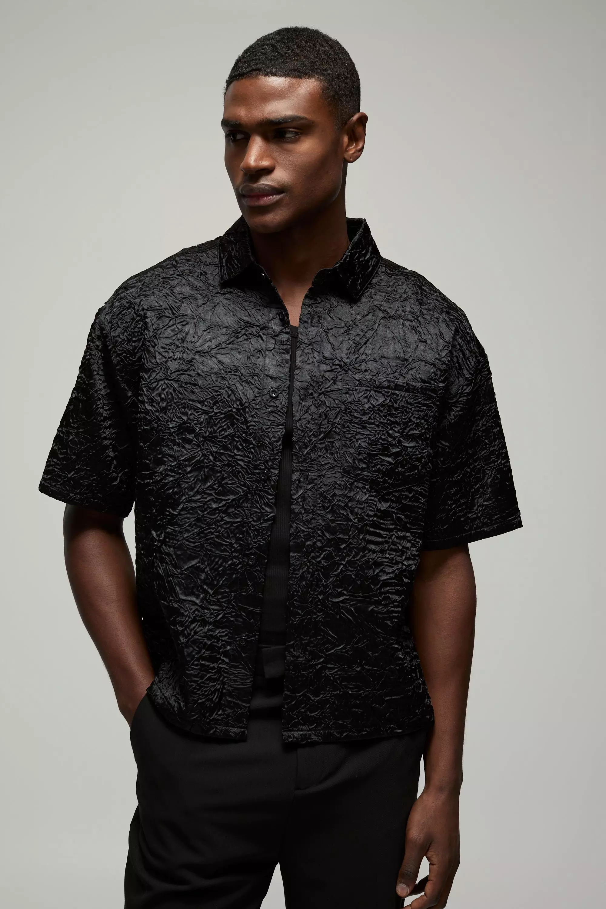 Black Oversized Boxy Crinkle Satin Shirt alternative image