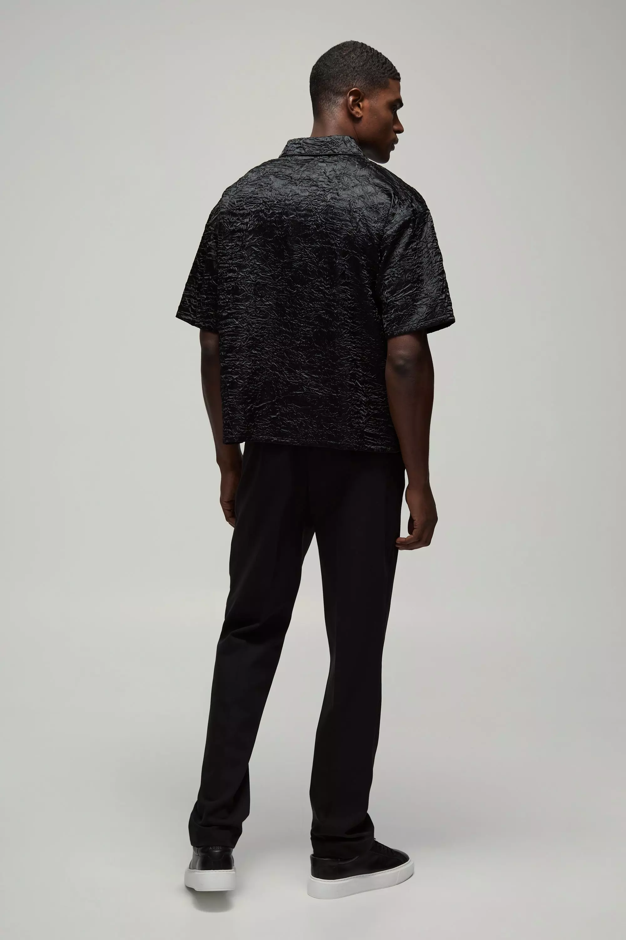Black Oversized Boxy Crinkle Satin Shirt alternative image