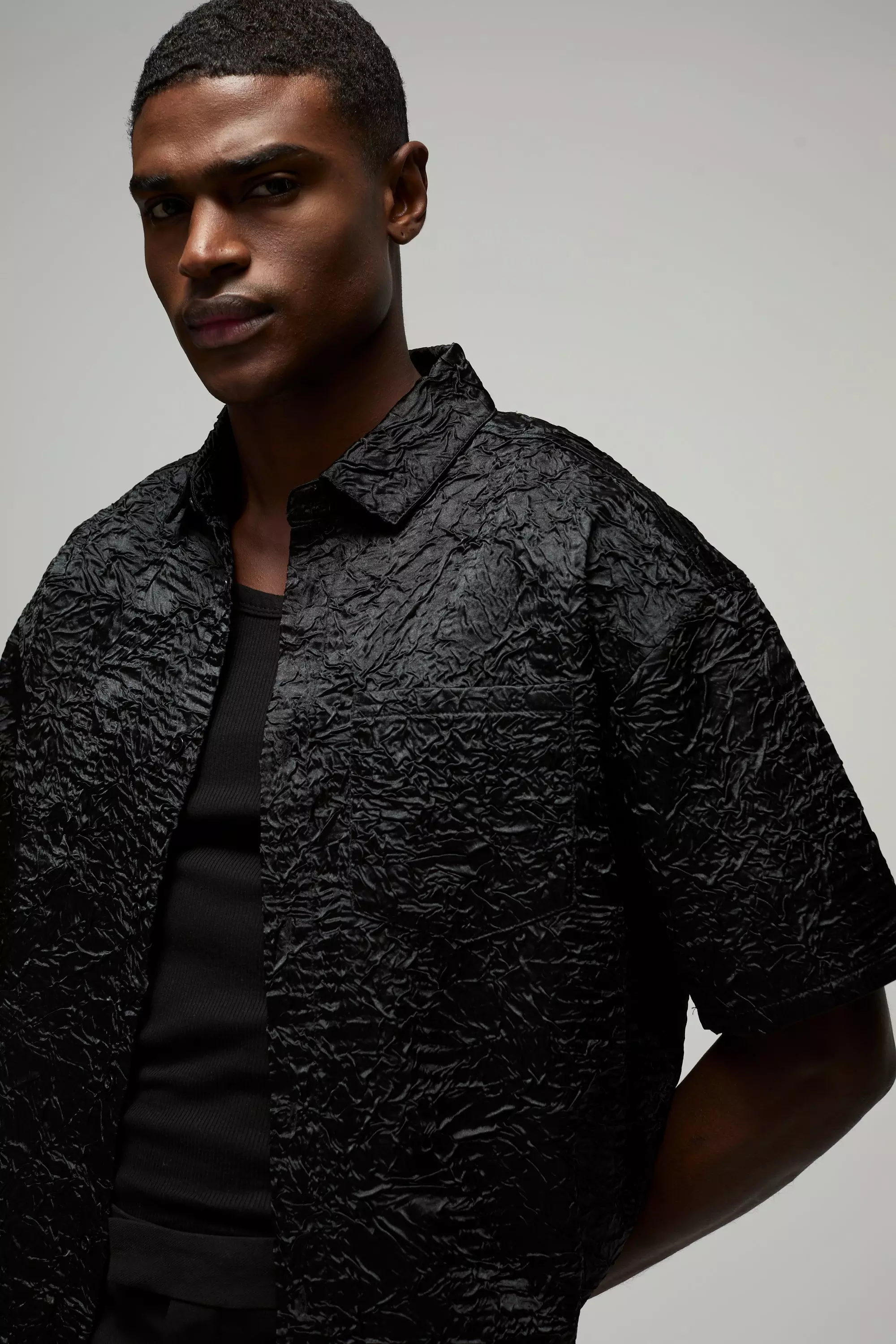 Black Oversized Boxy Crinkle Satin Shirt alternative image