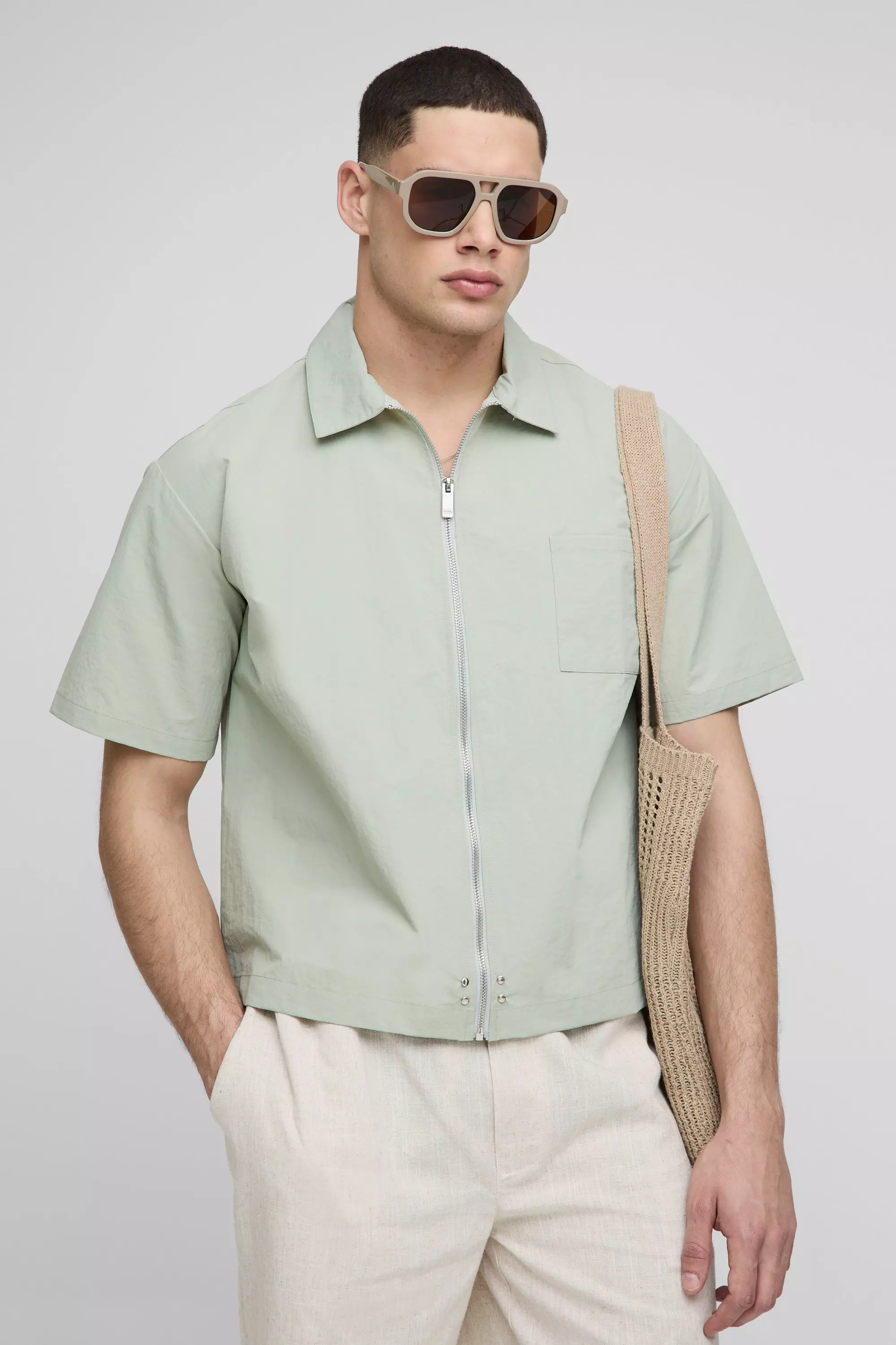 Chemise oversize zippée en nylon, Sage autre image