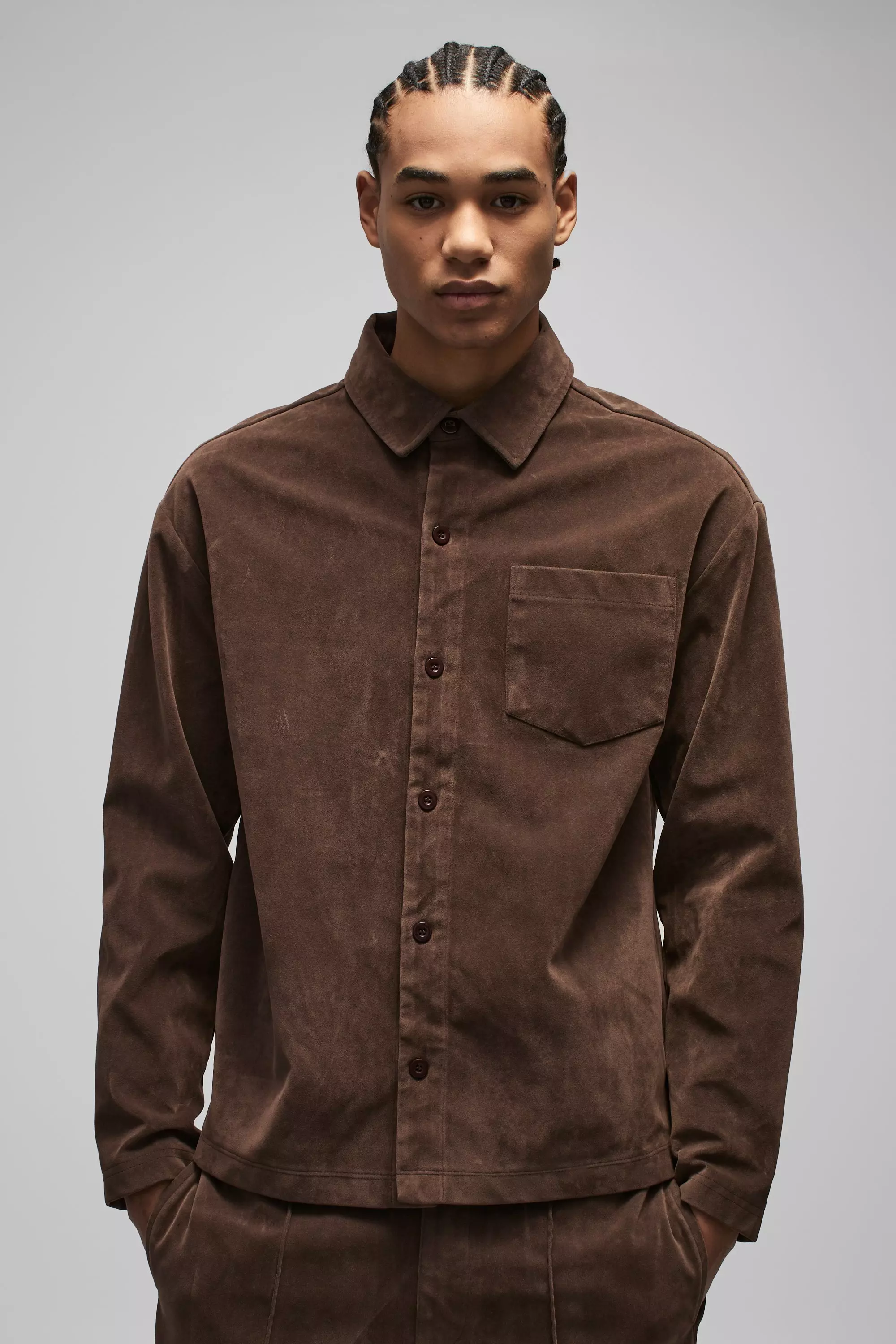 Chocolate Oversized Heavyweight Faux Suede Collared Shirt alternative image