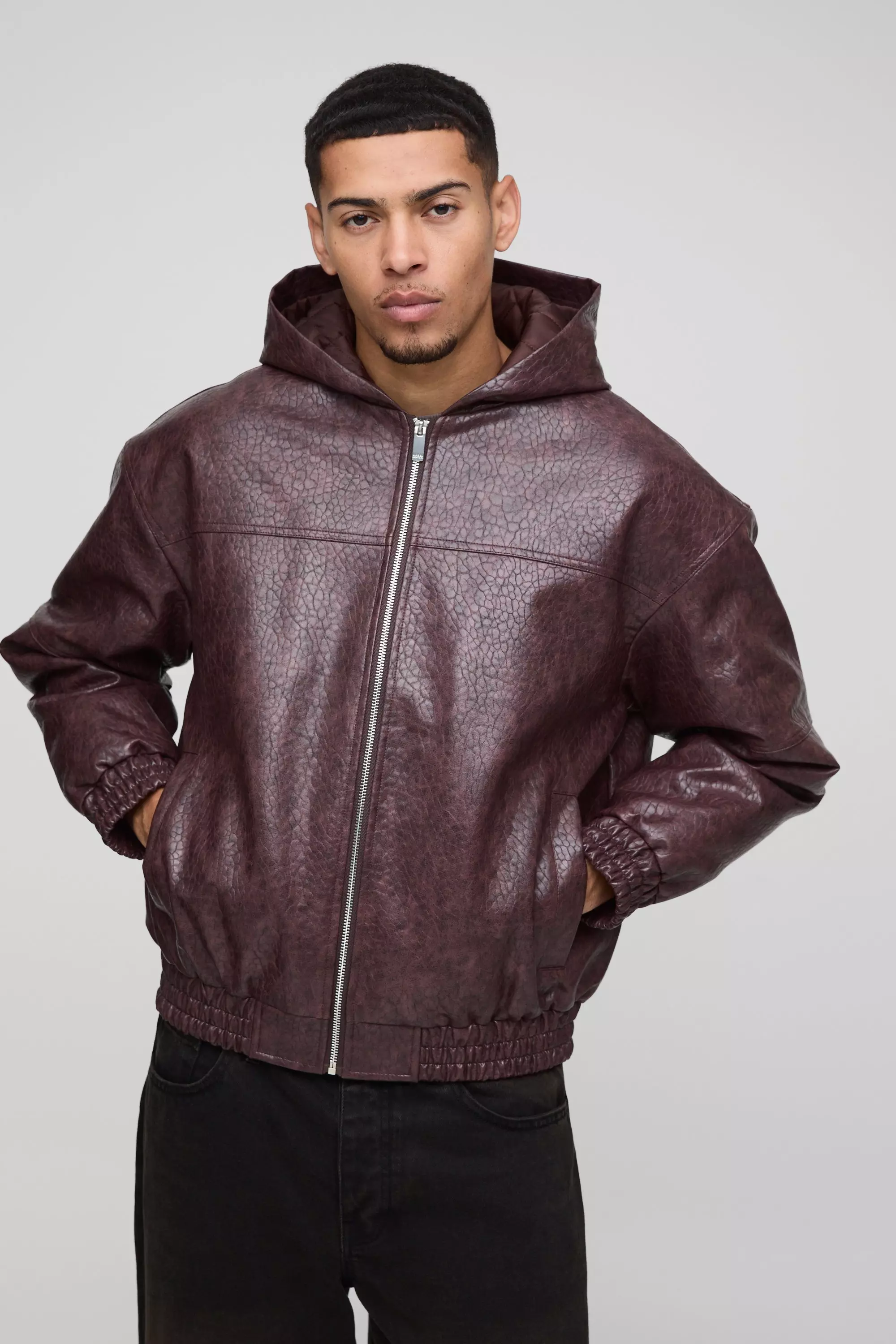 Oversized Boxy Textured PU Hooded Bomber Jacket Burgundy