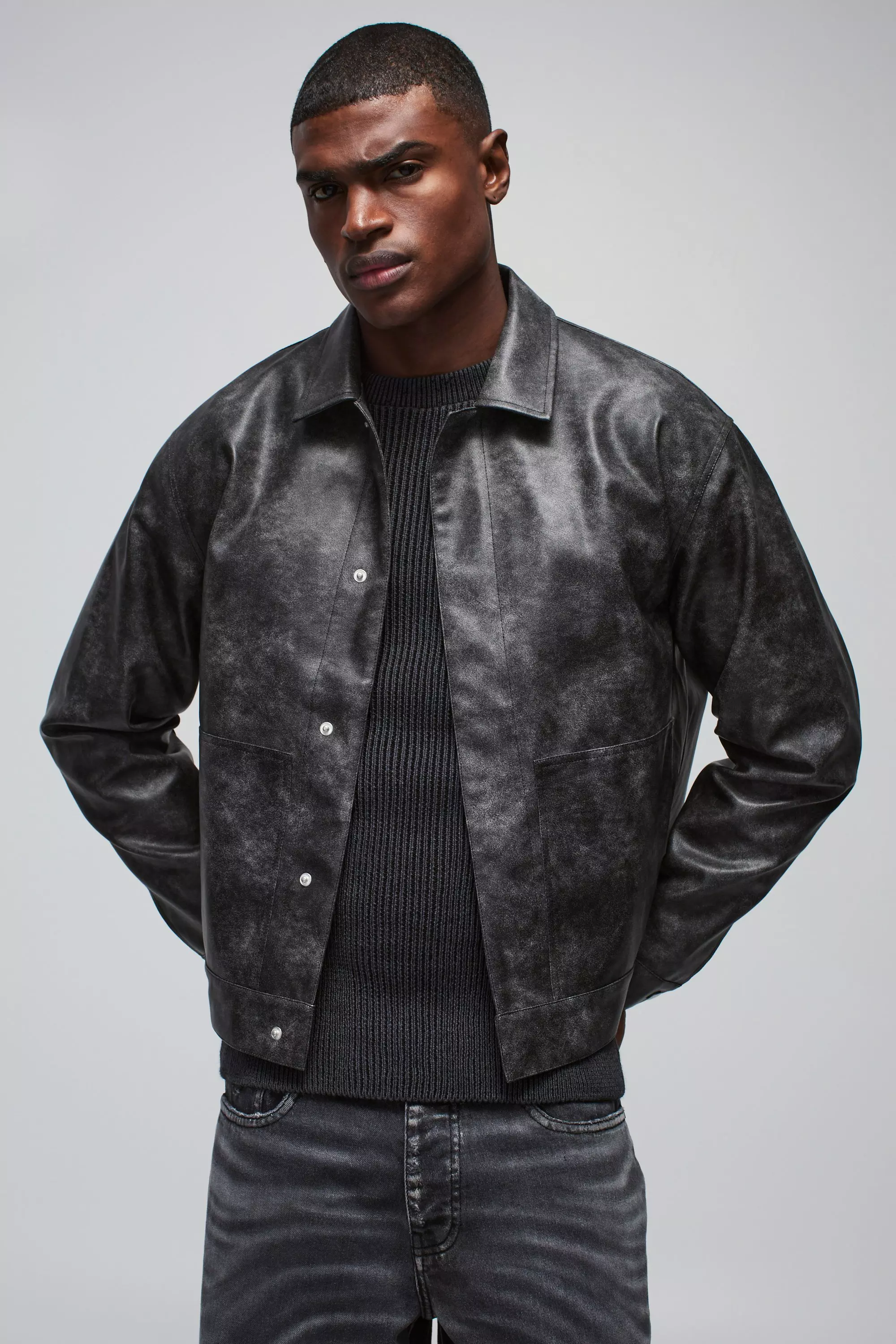 Black Oversized Washed PU Back Pleat Trucker Jacket alternative image