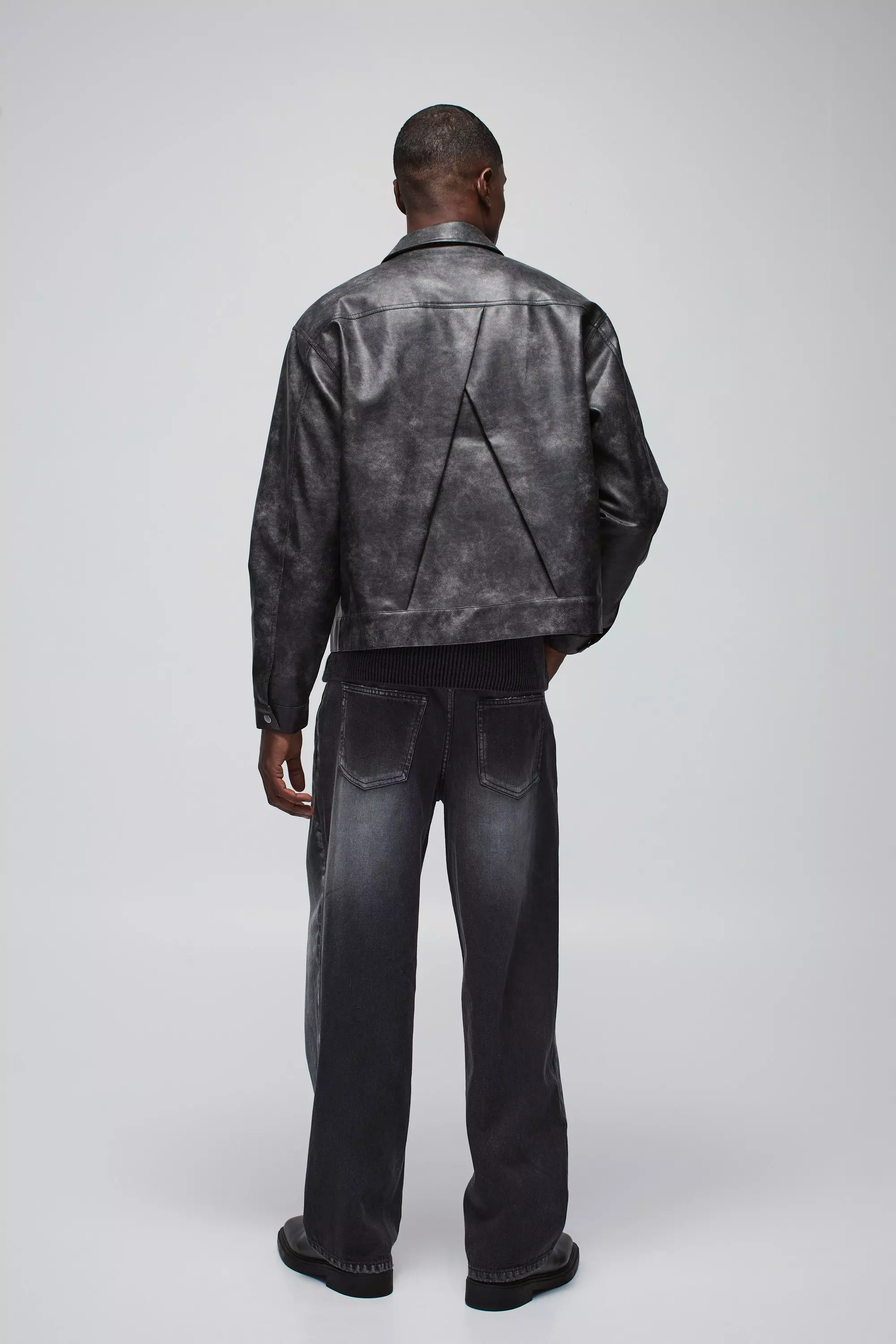 Black Oversized Washed PU Back Pleat Trucker Jacket alternative image