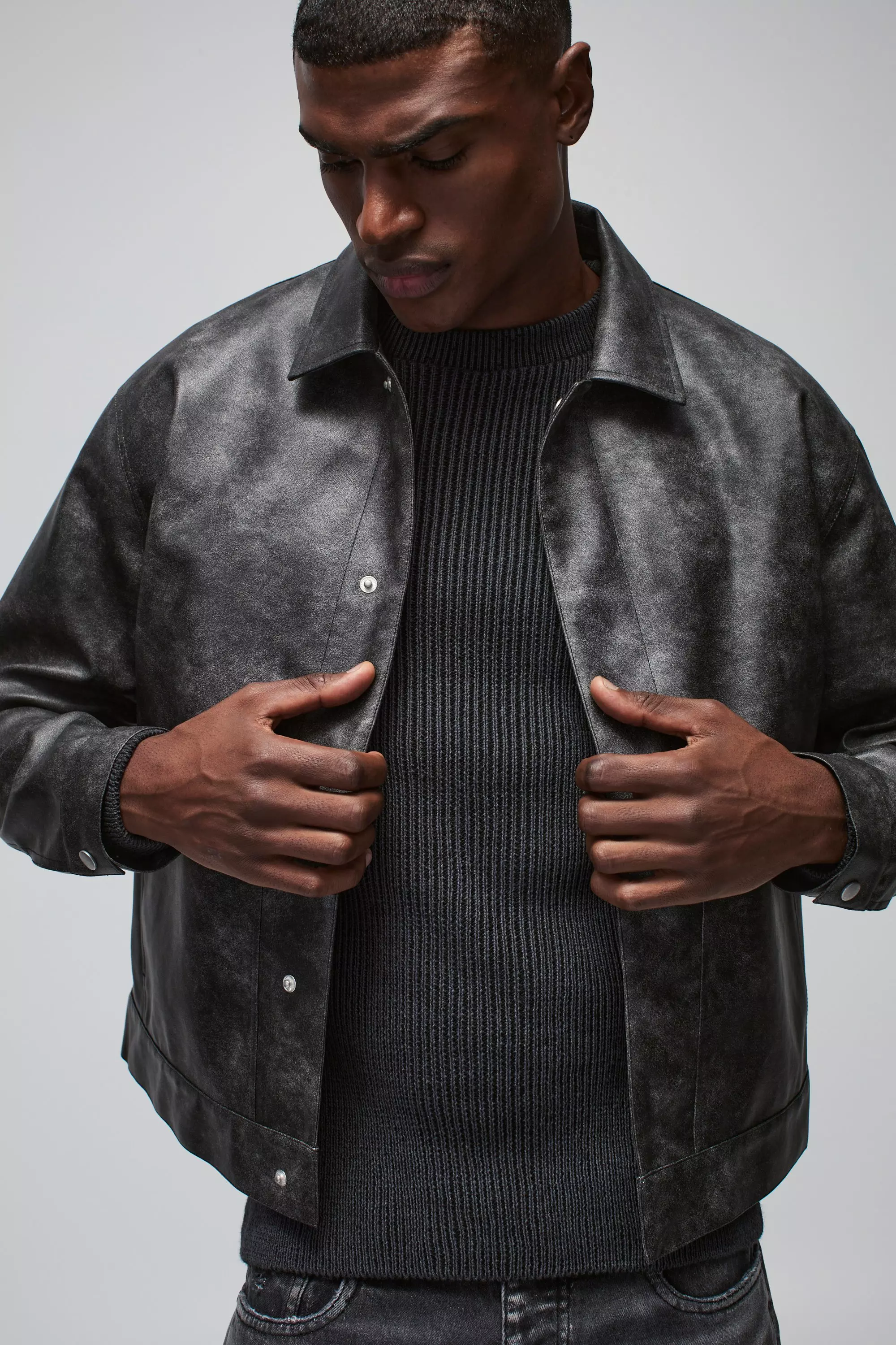 Black Oversized Washed PU Back Pleat Trucker Jacket alternative image