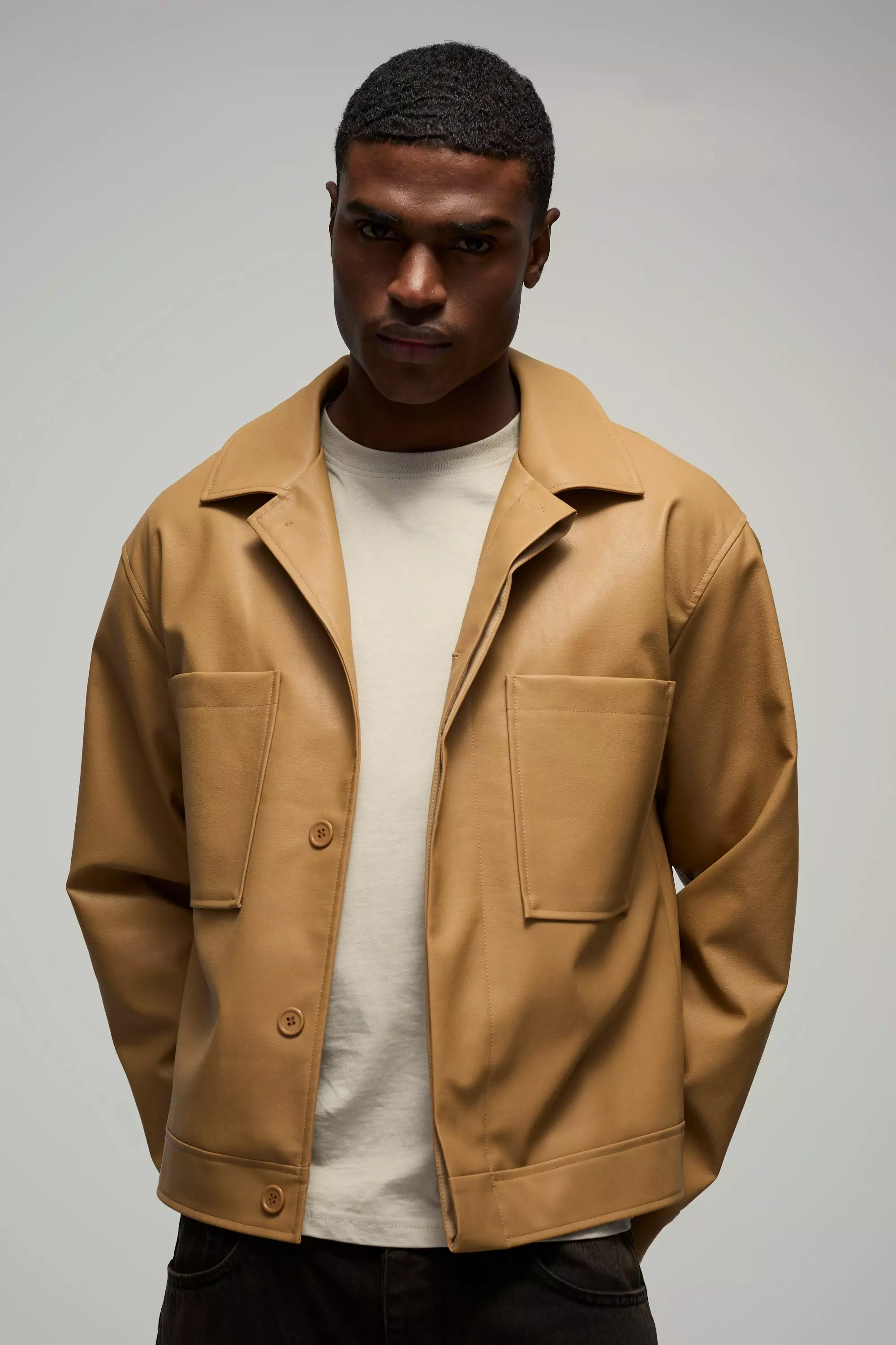 Tan Boxy PU Pocket Detail Harrington Jacket alternative image