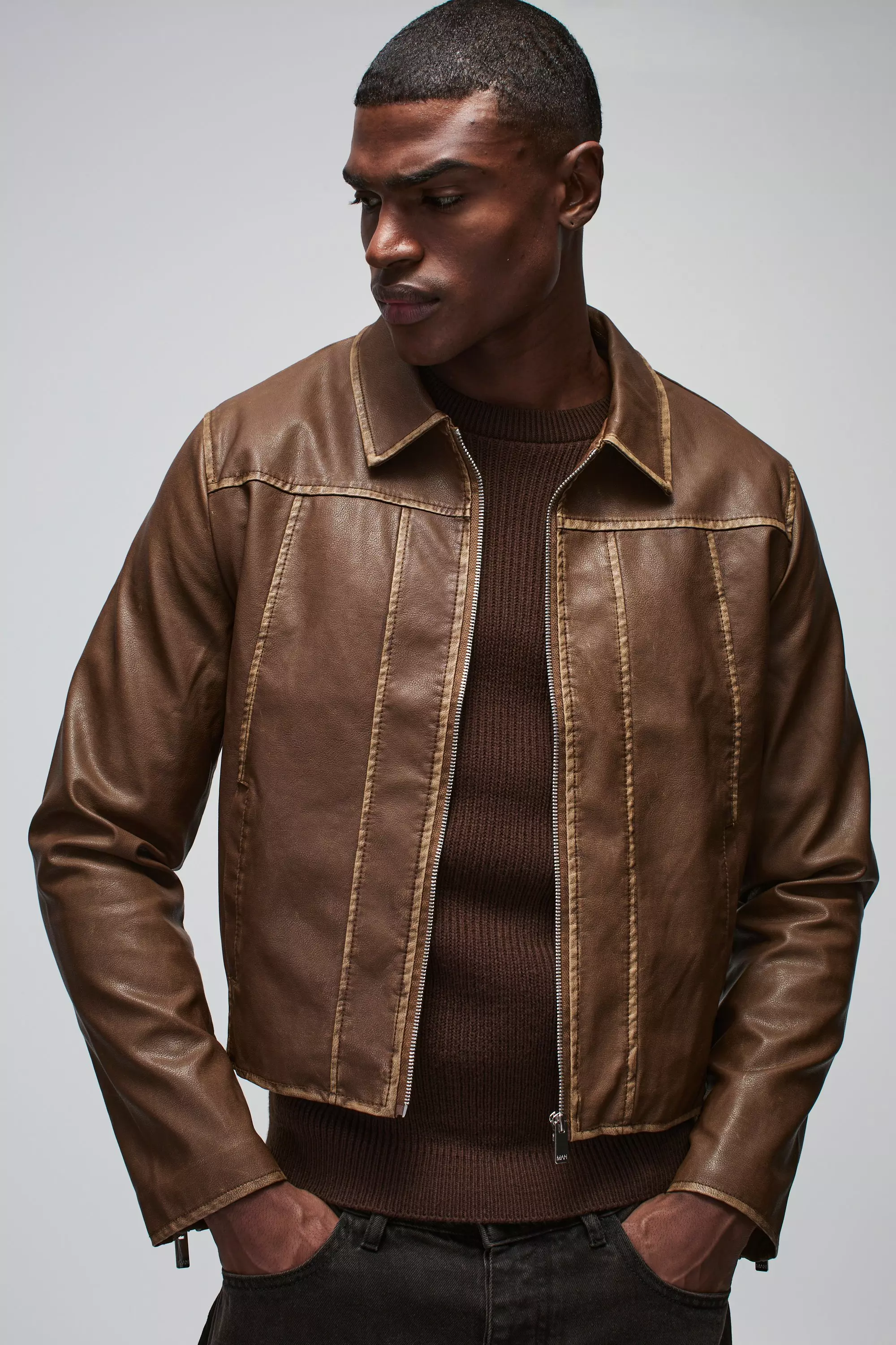 Tan Boxy Washed Seam PU Harrington Jacket alternative image