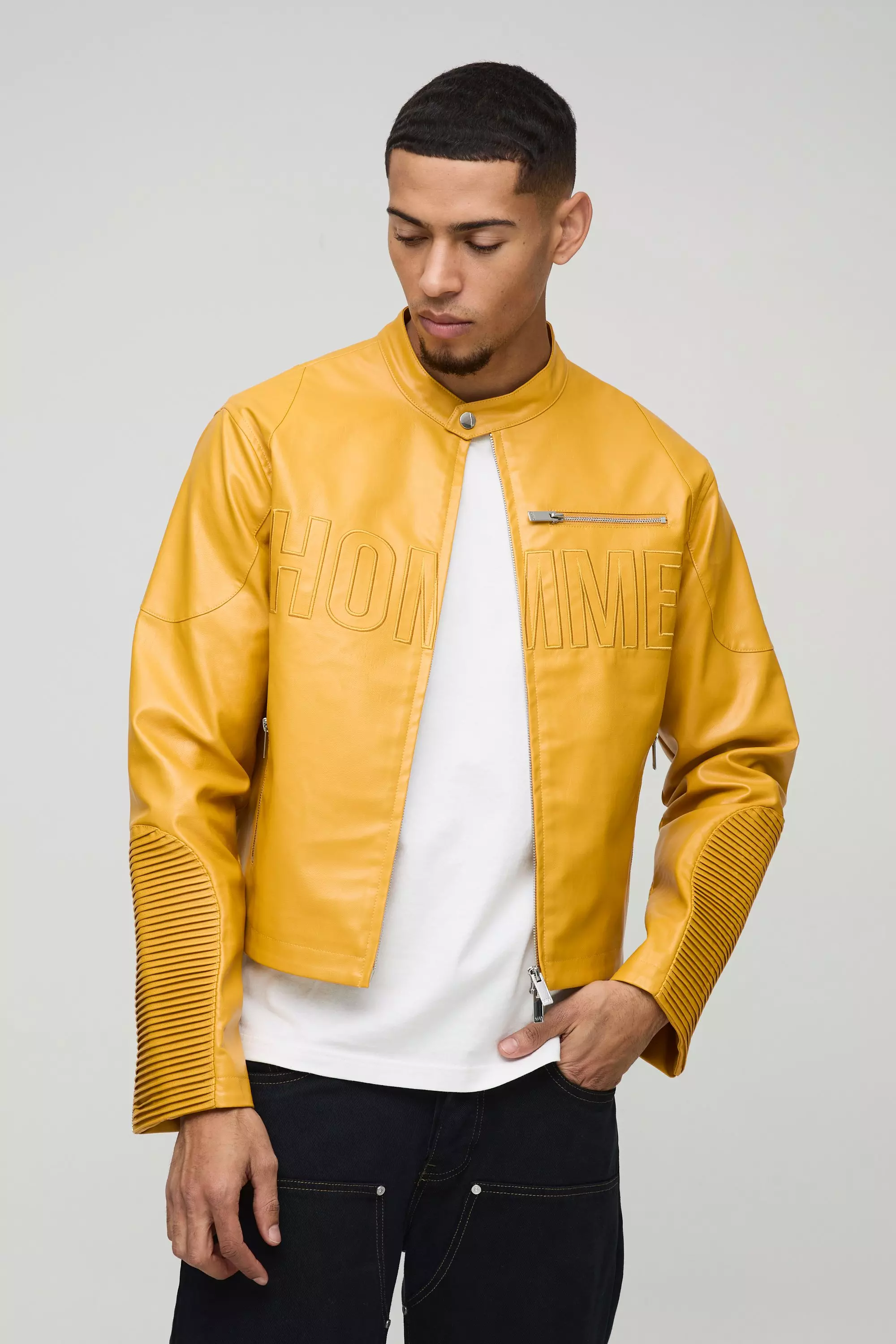 Mustard Boxy Homme PU Biker Jacket alternative image